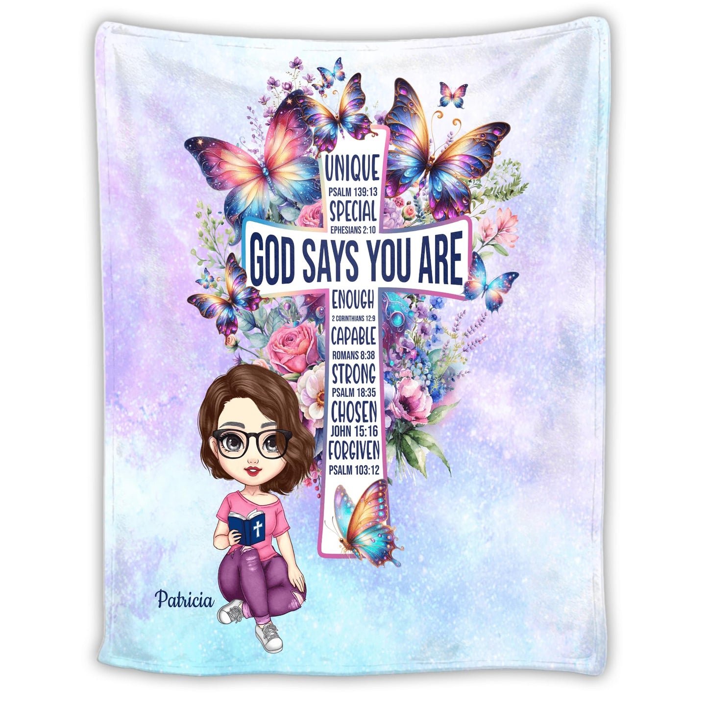 PREAUREUM God Says I Am Blanket, Personalized Christian Throw Blanket,Inspirational Jesus Throw Blankets,Confirmation Catholic Spiritual Blankets for Kids (Butterfly Cross)