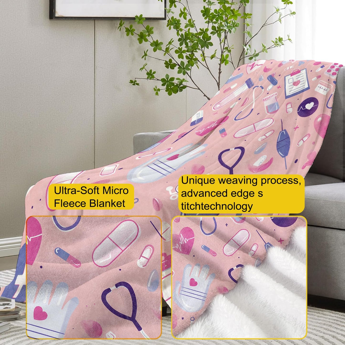 VANZEV Nurse Blanket, Pink Nurse Gifts Flannel Throw Blankets,Soft Warm Lightweight Cozy Plush Nursing Graduation Throws for Bedroom Sofa Office Home Decor Gifts for Women Girls 60"x50"