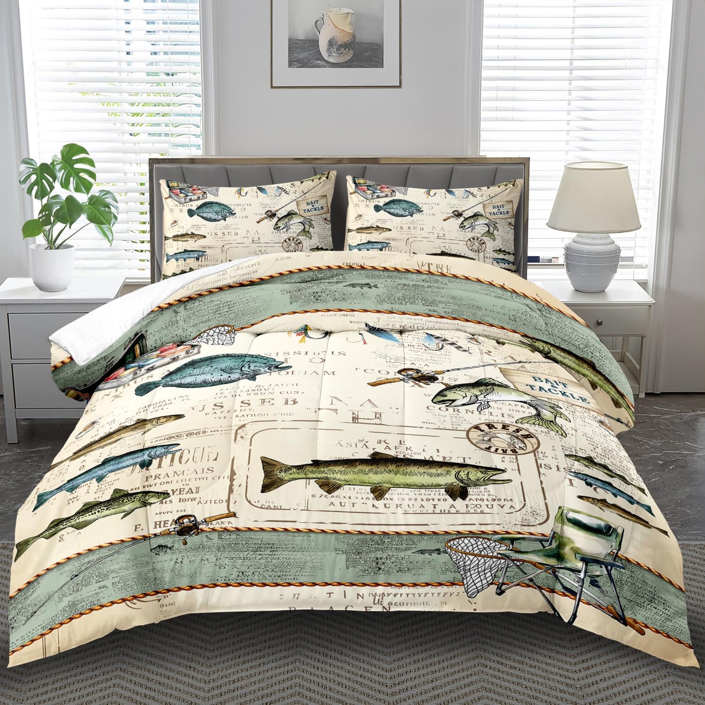 llyxsesty Fish Comforter Set Queen,Nautical Bedding Set Queen for Boy,Ocean Bedding Striped Quilt,Coastal Comforter Fishing Birthday Party Decorations,Nautical Quilt Fishing Decor for Kids and Adult