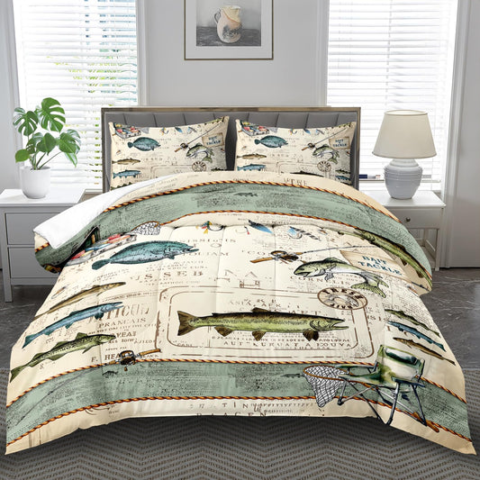 llyxsesty Fish Comforter Set Queen,Nautical Bedding Set Queen for Boy,Ocean Bedding Striped Quilt,Coastal Comforter Fishing Birthday Party Decorations,Nautical Quilt Fishing Decor for Kids and Adult