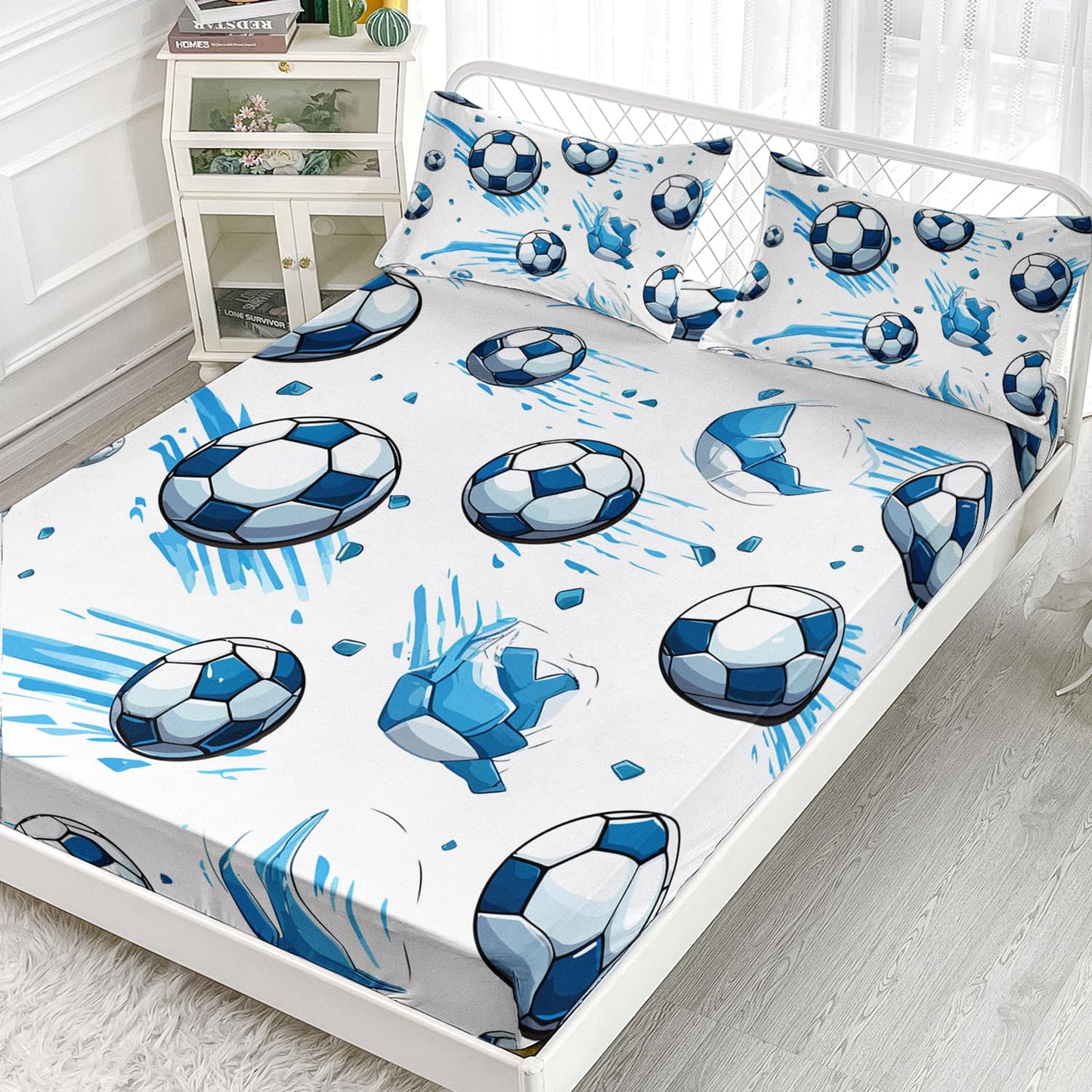 AILONEN Kids Soccer Full Size Fitted Sheet Set, Sport Football Bed Sheet, Blue Graffiti Bedding for Boys Adults, 1 Fitted Sheet With 2 Pillowcases, 3 Piece