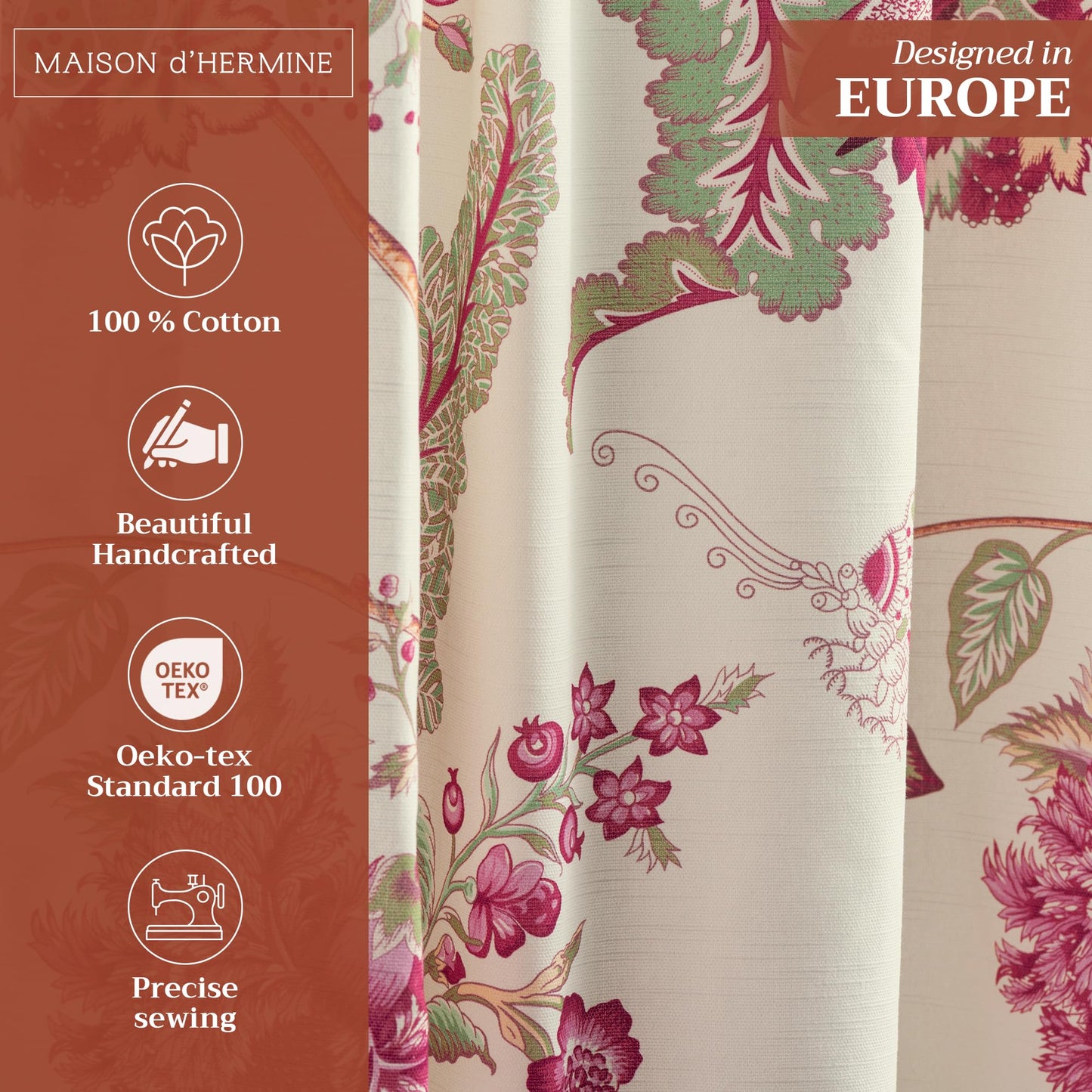 Maison d' Hermine Curtains for Living Room 100% Cotton 96 inch Length One Panel Light Filtering Curtains for Windows with Rod and Loop Pockets Spring Summer (Chantilly, 50" W x 96" L)