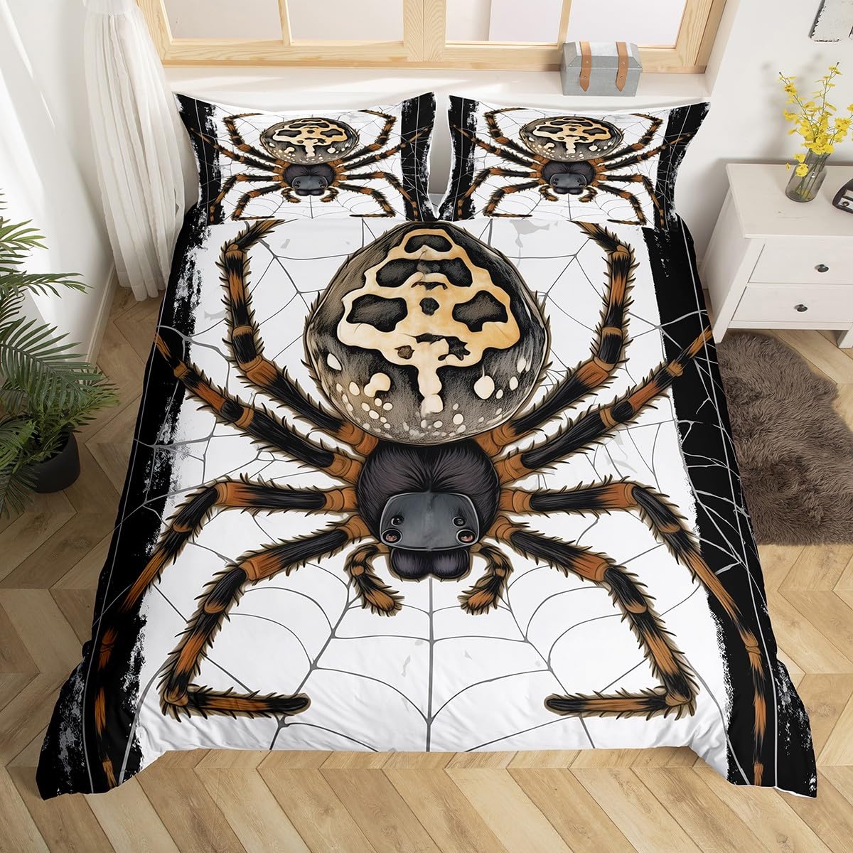 Feelyou Halloween Themed Bedding Set Queen Size Kids Spider Print Comforter Cover Set for Boys Girls Teens Animal Print Duvet Cover Spider Web Bedspread Cover（No Comforter