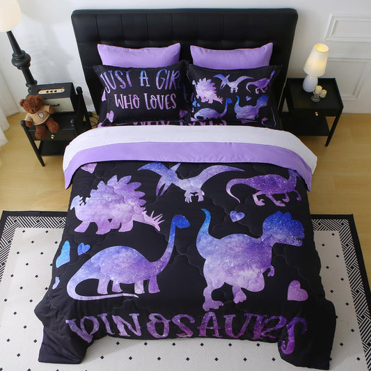 Jameswish 7 Piece Girls Dinosaur Comforter Set Full Size Violet Dinonsaur Soft Microfiber Bed in A Bag with Comforter,Sheet Set,Pillowcase and Sham for Child Teens All Season