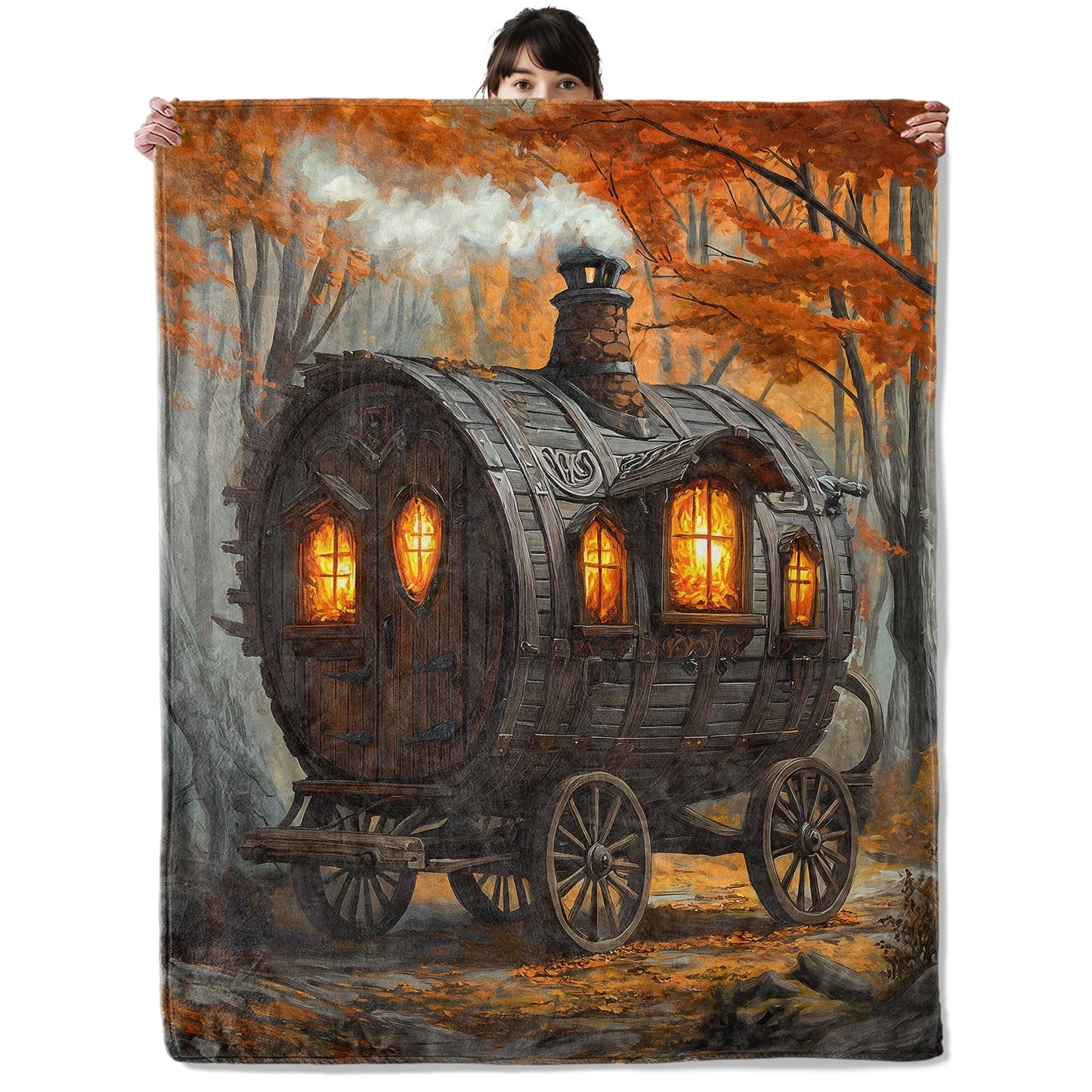 onlcuk Wagon Cabin Blanket, Cozy Flannel Caravan in Fall Forest Throw Blanket, Soft Fuzzy Blankets for Travel Home Decor, All Season Lightweight Couch Bed Cover, Gifts for Women Adults Kids 50"×60"