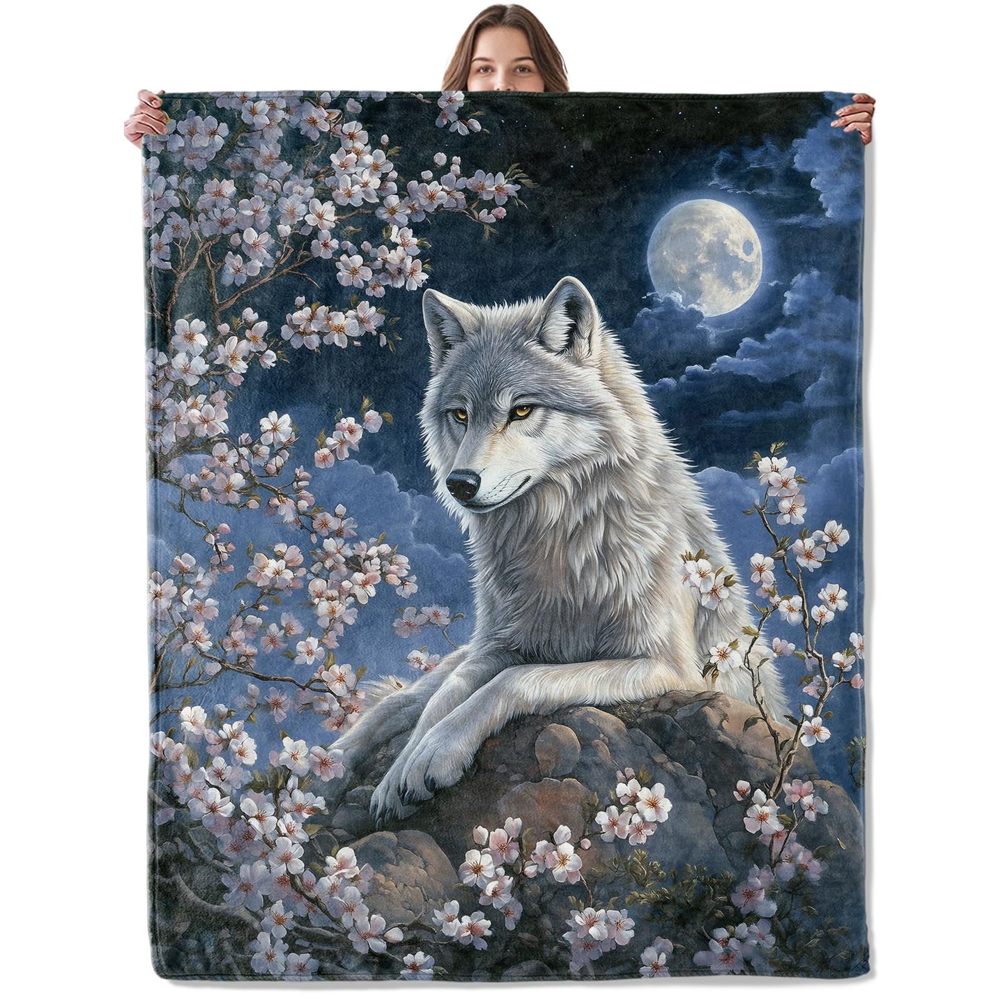 Lugiu Moonlit Wolf Blanket, Lightweight Comfy Serene Wolf Among Cherry Blossoms Blankets for Couch Sofa Bedroom, Soft Plush Travel Flannel Throw Blanket Gifts for Adults Kids Women, Home Decor 60×50in