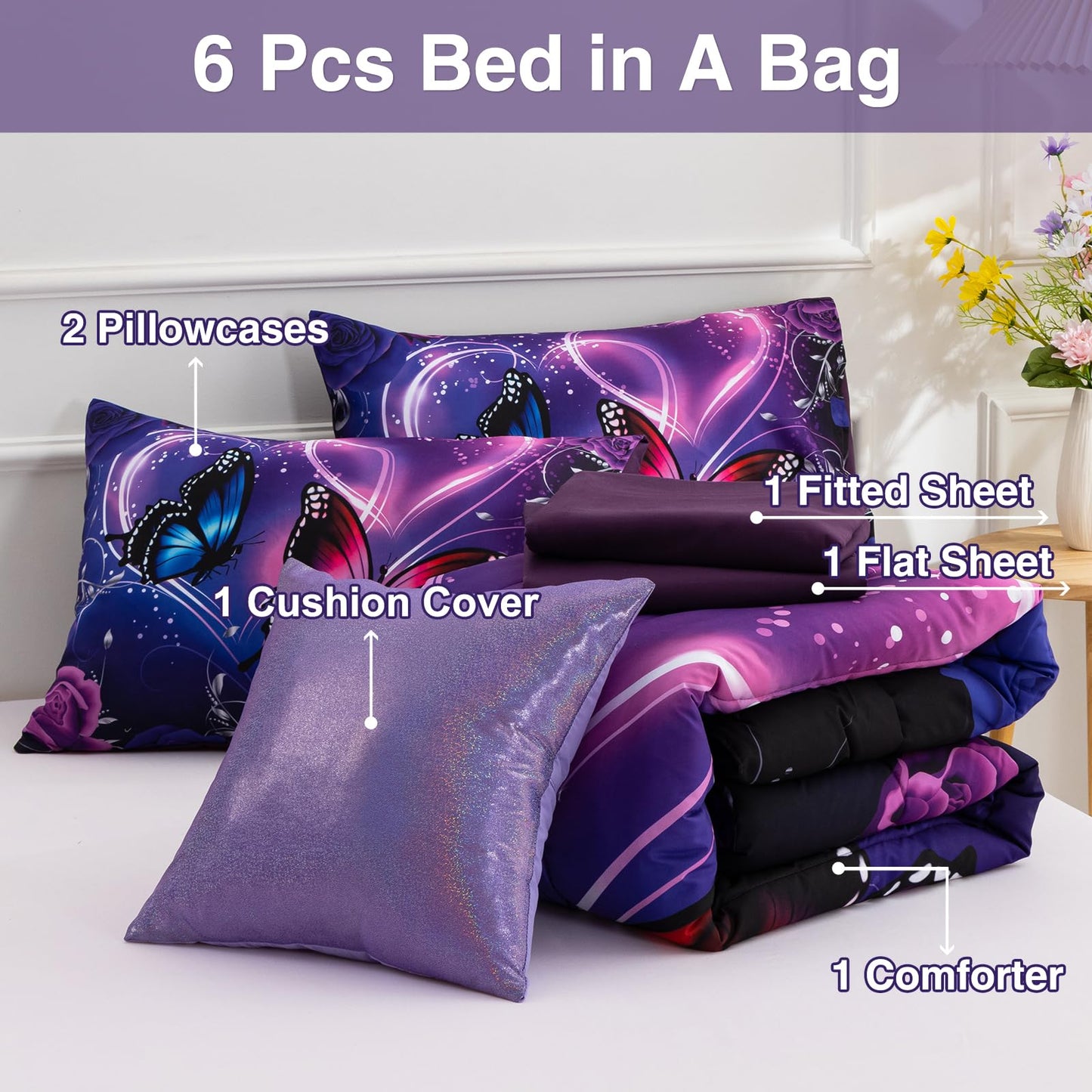 A Nice Night Galaxy 6pcs Bed in a Bag Purple and Blue Dreamy 3D Butterfly Printed, Butterflies Bedding Full Comforter Set, for Girls Kids Teens