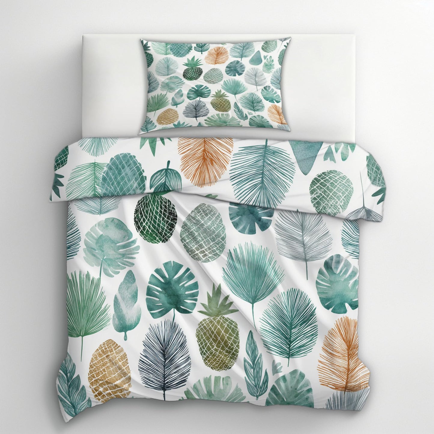 Monstera Palm Leaf Full Duvet Cover Set 3 Piece, Watercolor Tropical Leaves Reversible Bedding with 2 Pillow Shams, Zipper & Ties, Ultra Soft Microfiber, Leaf Bedroom Decorations 44A-K