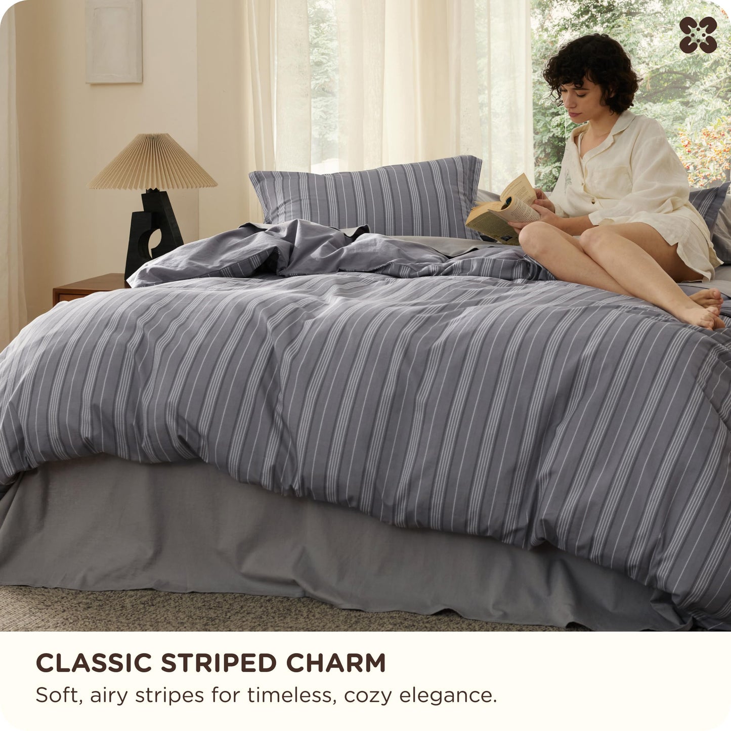 Bedsure Striped Duvet Cover Queen Size, 100% Washed Cotton PureWoven Duvet Cover Linen Like Textured, Classic Striped Pattern Enhances Bedroom Comfort and Style, Stripes Grey, 90"x90"
