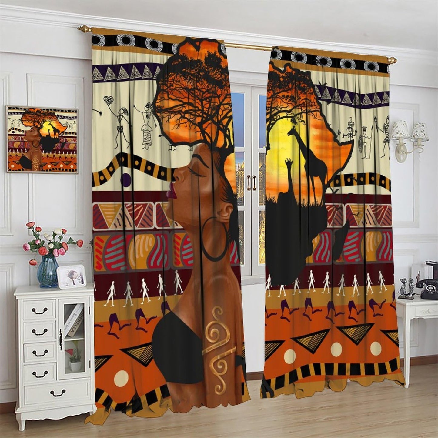 Fblifil African Woman Curtain Abstract Sunset Landscape Wild Life Geometric Printed Rod Pocket Window Treatments for Girls Bedroom Living Room Decor 42" W X 45" L