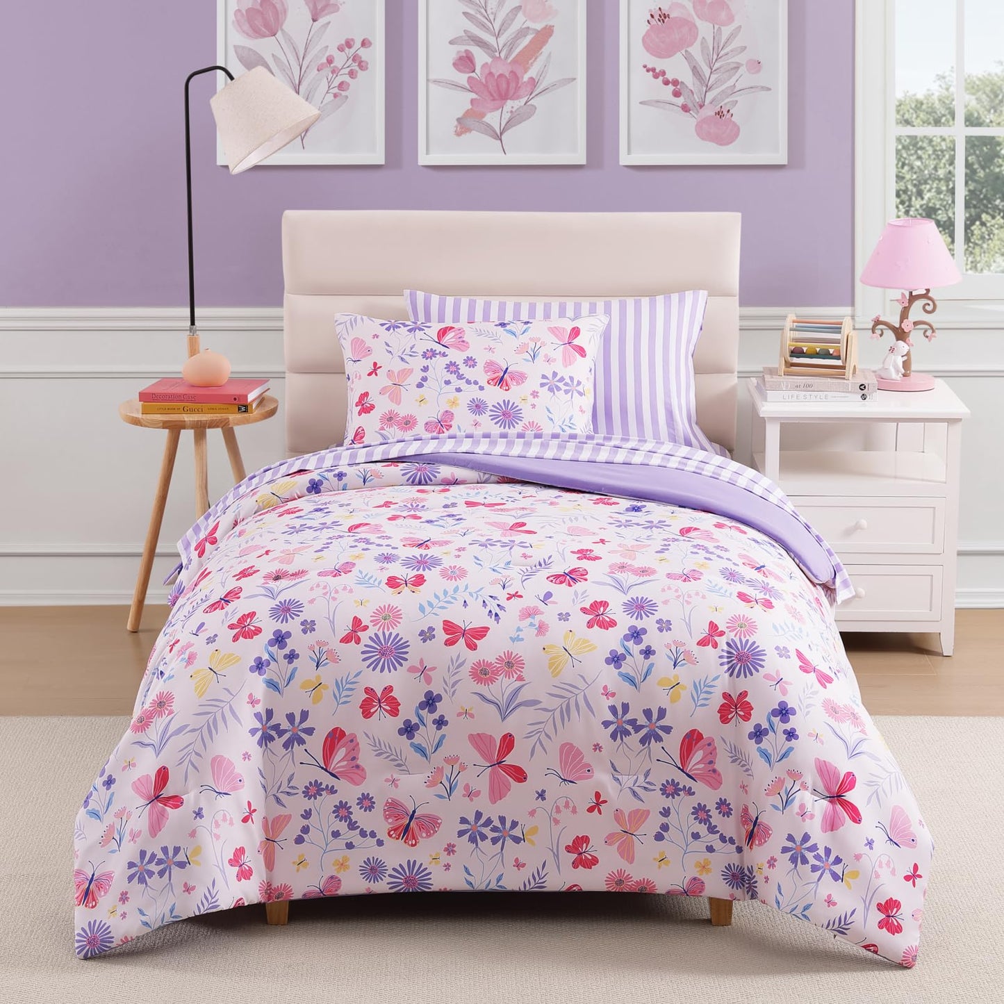 Wink Deer Twin Comforter Set with Sheets for Girls-5 Pieces Twin Bedding Sets with Pink Comforter, Sheets, Pillowcase & Sham for Kids (Cute Botanical Flowers, 66" X 86")