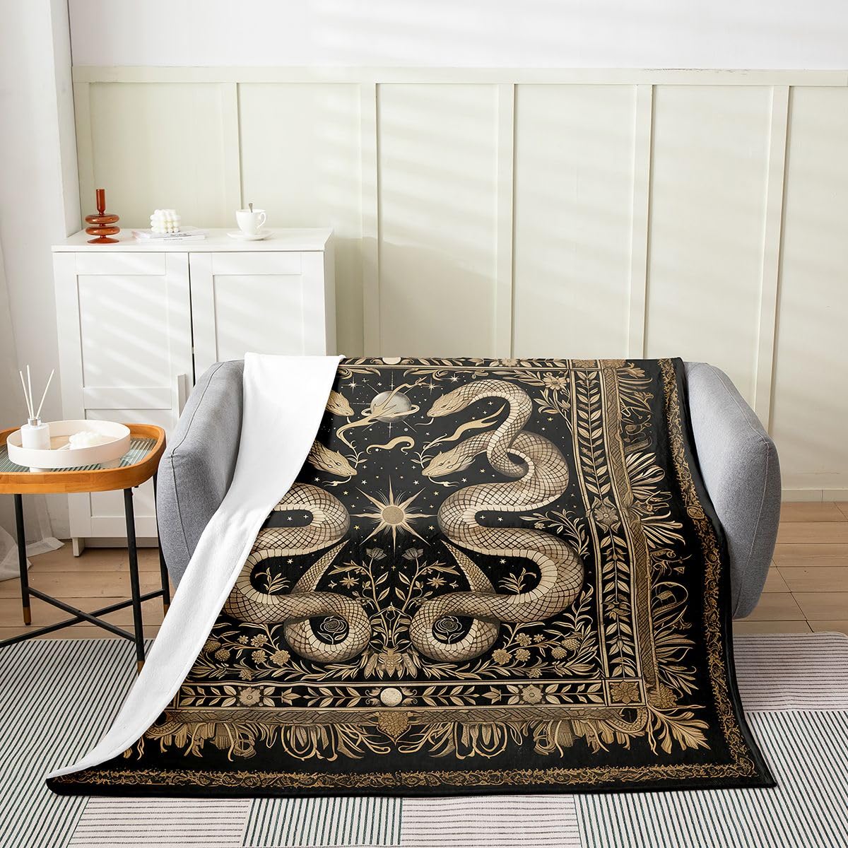 Feelyou Snakes Plush Throw Blanket Halloween Themed Flannel Blanket 40"x50" Trick or Treat All Season Graveyard for Couch Bed Sofa Light Yellow Black Bedroom Decor