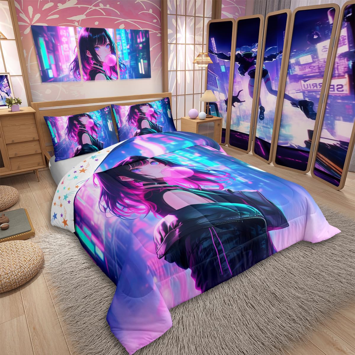 Erosebridal Anime Girl Comforter Set Full Size, Kawaii Japanese Anime Quilt for Kids Boys Teens Adult, Cartoon Girl Bedding Set Japan Animation Bedroom Decor, Machine Washable, Lightweight