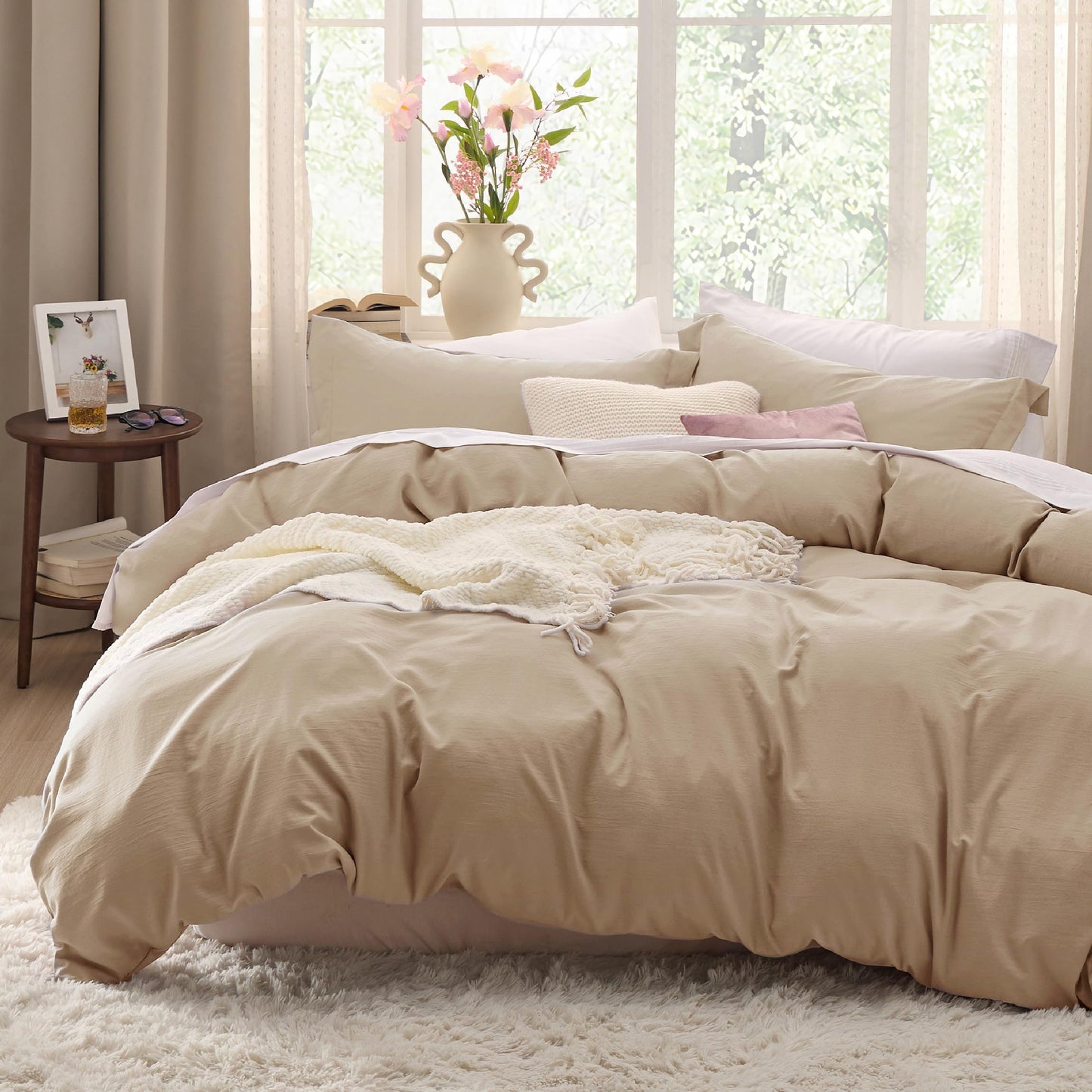 Bedsure Light Brown Duvet Cover Queen Size - 3 Pieces Prewashed Cotton-Like Extra Soft Bedding Set, Includes 1 Duvet Cover 90x90 Inches with Zipper Closure & 2 Pillow Shams, Comforter Not Included