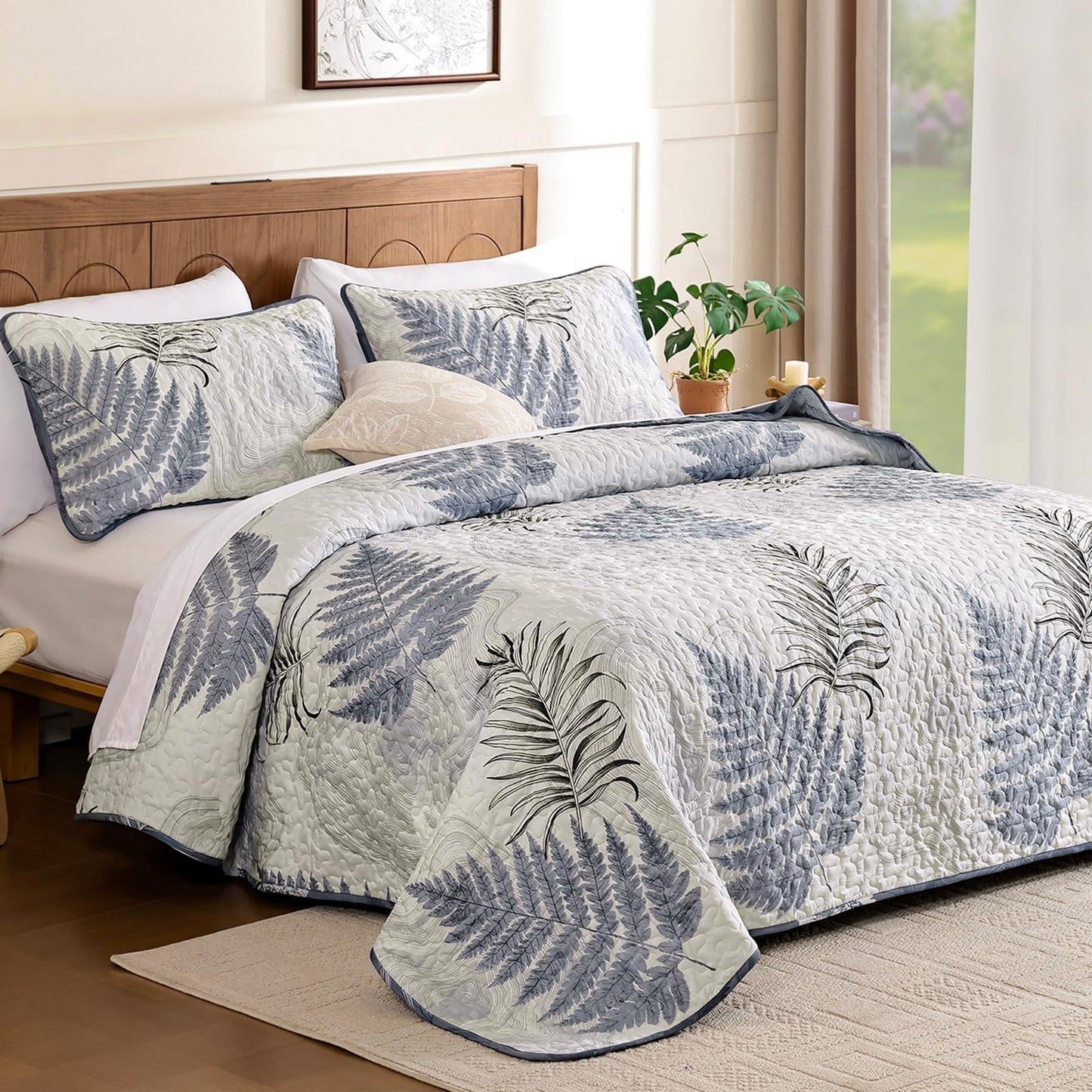 Dinjoy Blue Quilts Set Queen Size, Botanical Bedspread Bedding Set Floral Leaf Pattern Reversible Quilt Coverlet Set 3 Pieces, Summer Bedspread Bed Cover with 2 Pillow Shams for All Seasons