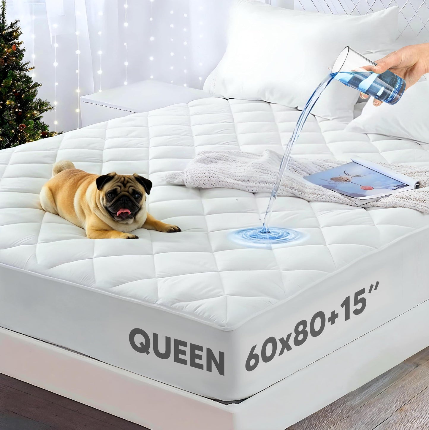 Express Supplies Quilted Fitted Waterproof Mattress Pad - 15 Inch Deep, Non-Allergic, Hollow Fibre Polyester Filling - Machine Washable Mattress Pad, Elastic Fitted Mattress Topper (Queen Pad)