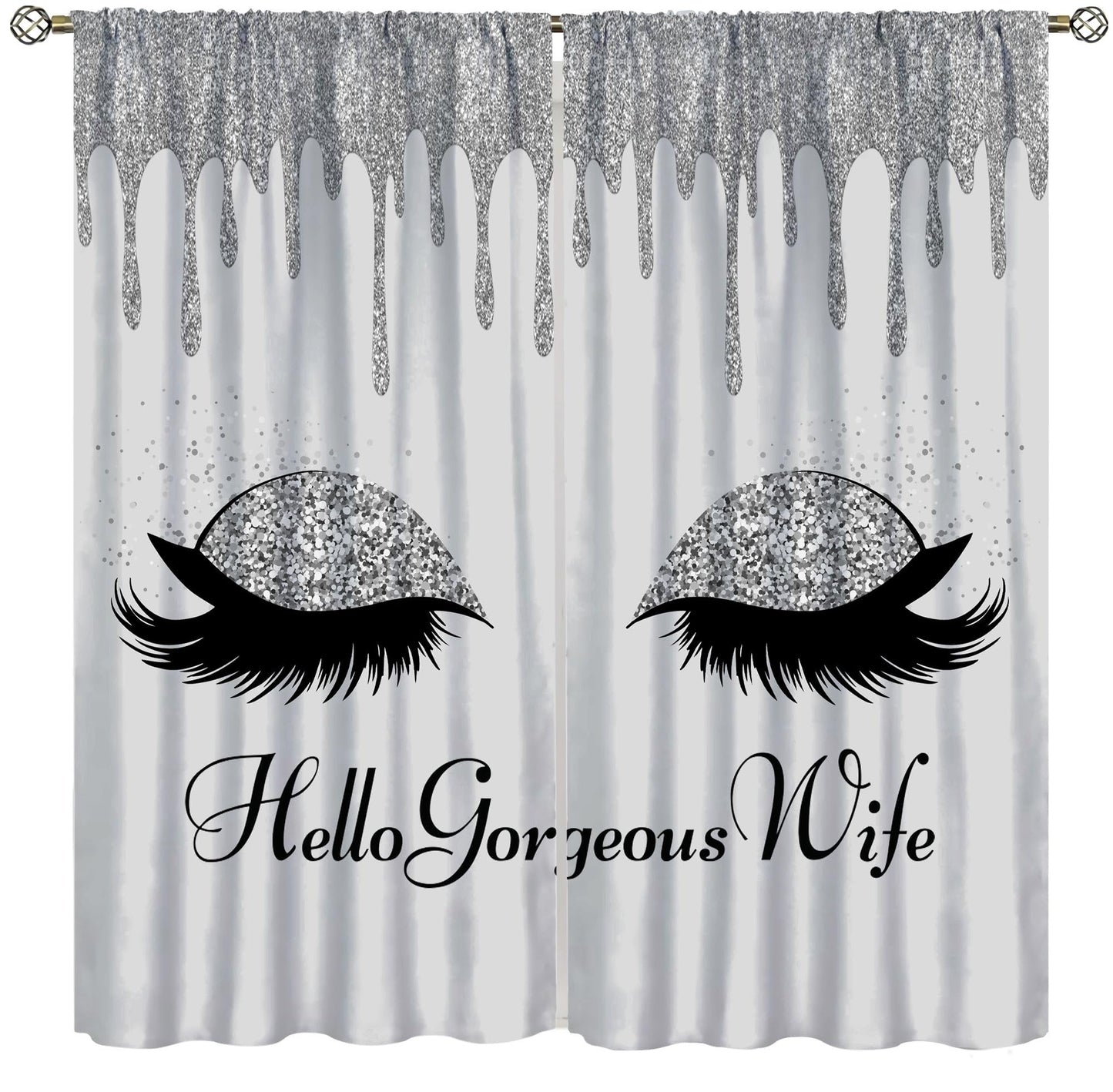 VUMIVI Hello Gorgeous Curtains Silver Drip Eyelashes Makeup Fashion Trend Window Treatments for Girls Kids Bedroom Living Dining Room 42" W X 44.5" L