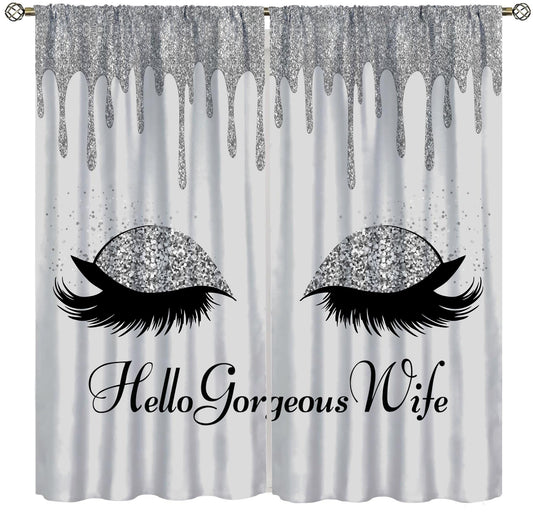 VUMIVI Hello Gorgeous Curtains Silver Drip Eyelashes Makeup Fashion Trend Window Treatments for Girls Kids Bedroom Living Dining Room 42" W X 44.5" L