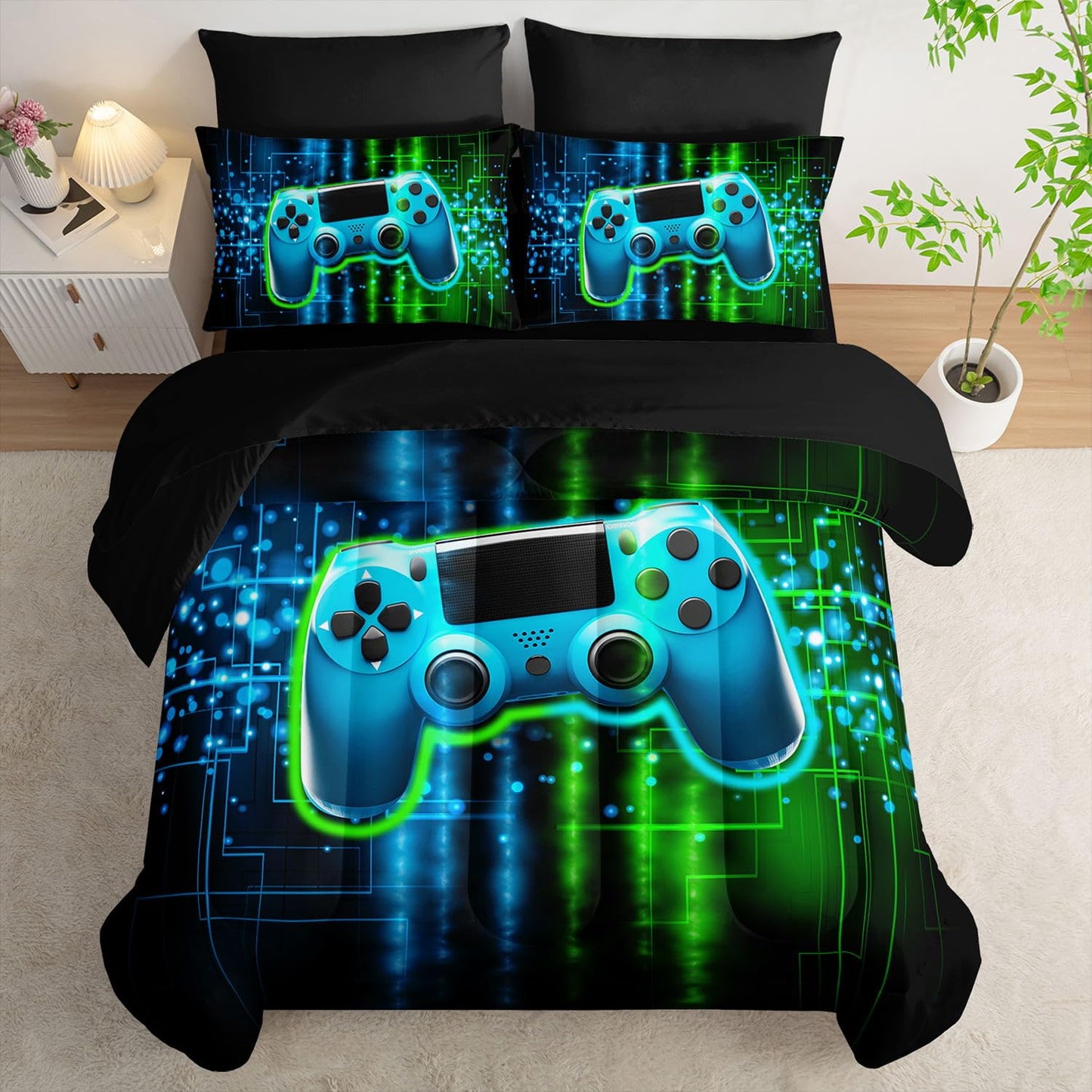 Smell Sunshine 7Pcs Gamer Comforter Set 3D Gamepad Printed Bedding Set with 1 Comforter, 1 Flat Sheet, 1 Fitted Sheet and 4 Pillowcases for Boys and Girls Bedroom (Gamepad Twin