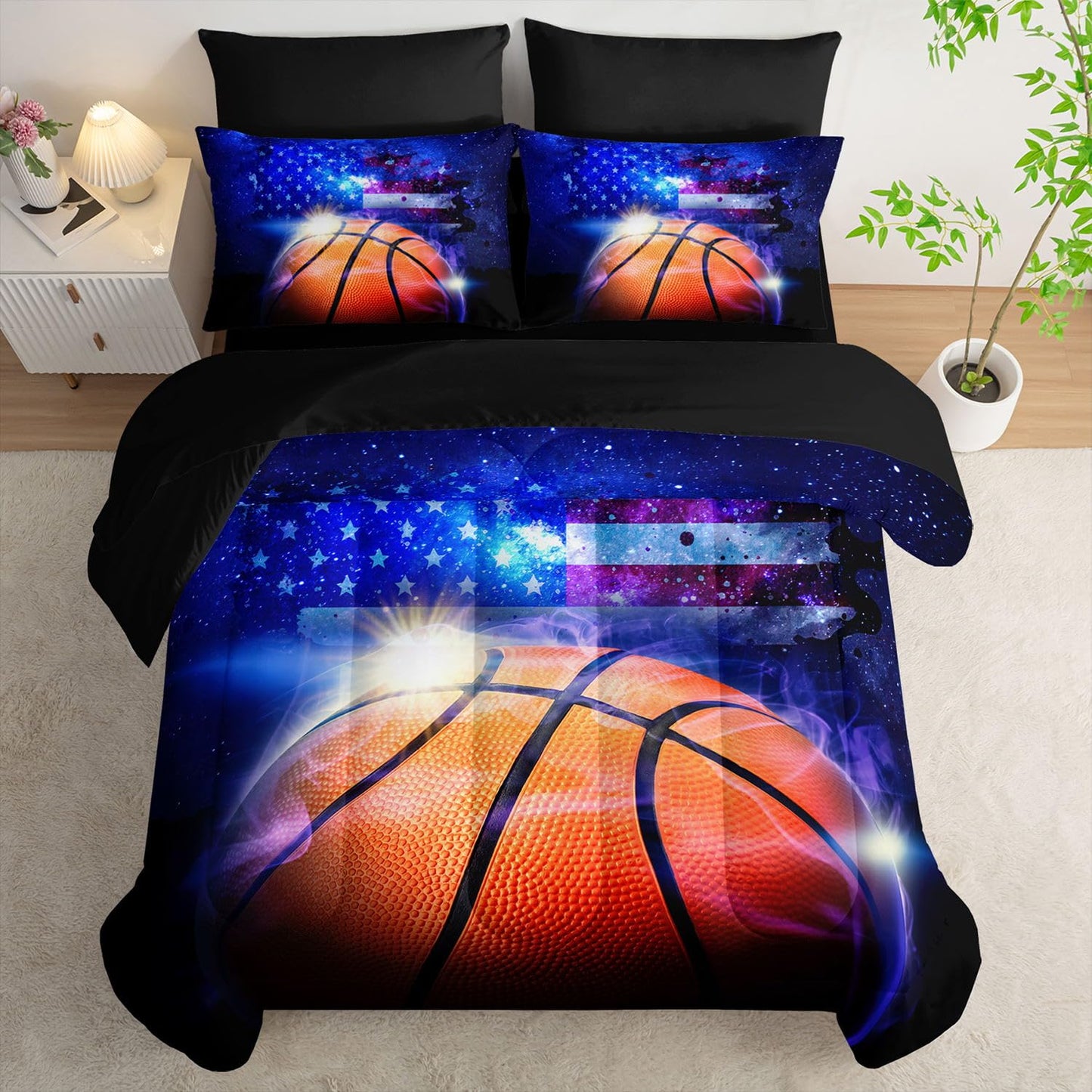 Smell Sunshine 7pcs Sports Comforter Set 3D Basketball Printed Bedding Set with 1 Comforter, 1 Flat Sheet, 1 Fitted Sheet and 4 Pillowcases for Boys and Girls Bedroom (Basketball Twin