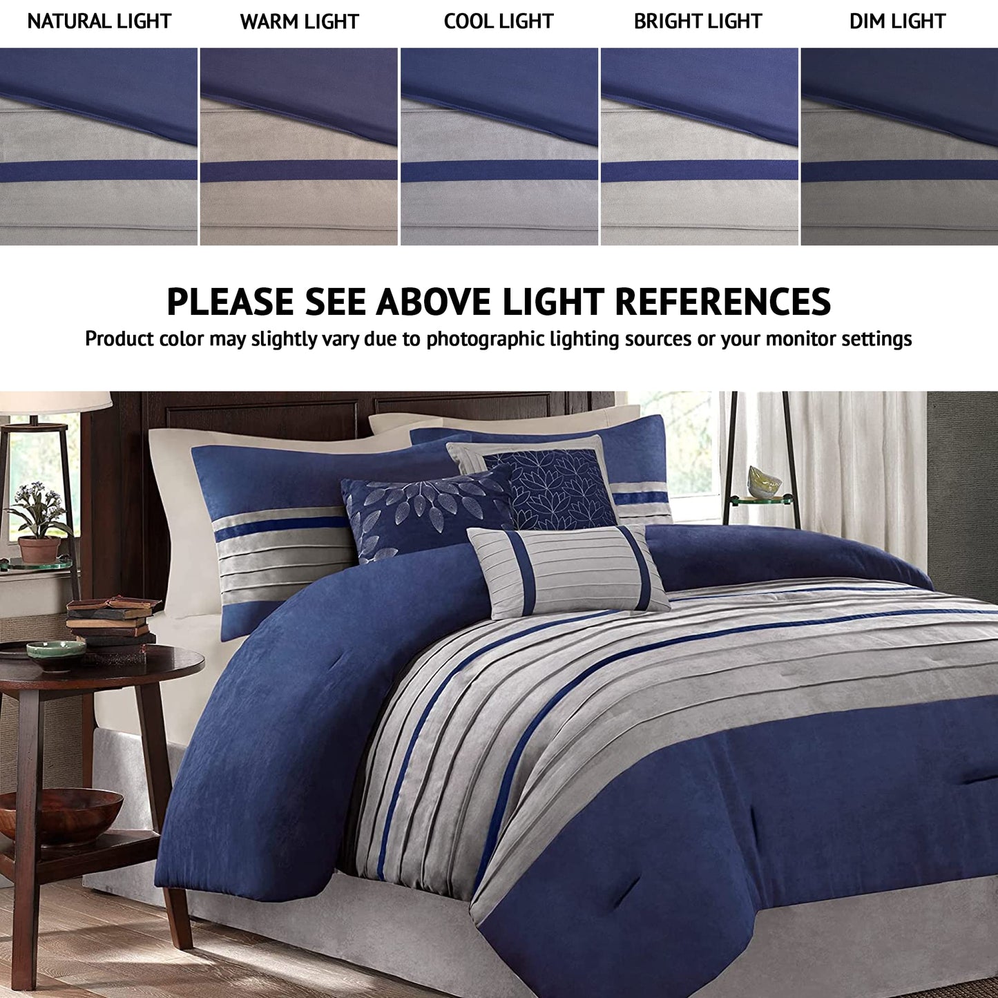 Madison Park Palmer Comforter Set-Luxury Faux Suede Design, Striped Accent, All Season Down Alternative Bedding, Matching Shams, Decorative Pillow, Bed Skirt, Queen (90 in x 90 in), Blue 7 Piece