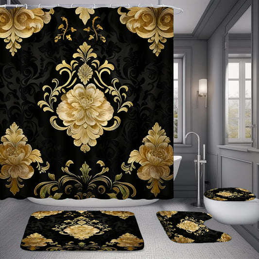 NBVKO 4Pcs Luxury Damascus Gold Flower Shower Curtain Set with 12 Hooks Non-Slip Rugs,Toilet Lid Cover and Bath Mat,Dark Gold Bathroom Decor for Hotel & Home Bathroom