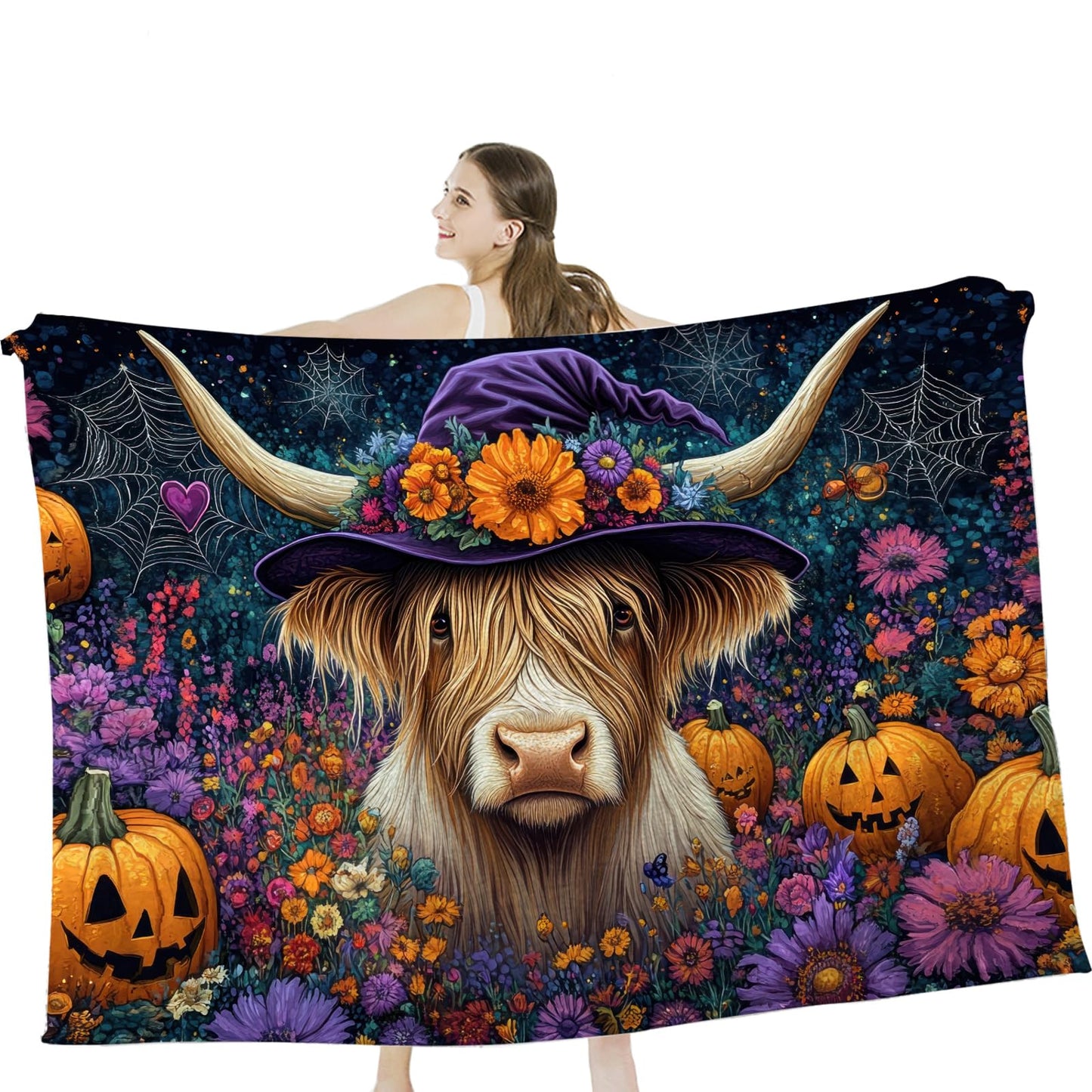 Tijuboni Halloween Highland Cow Pumpkin Throw Blanket for Girls Boys Women Men Kids Adults Soft Flannel Fleece Blanket for Couch Sofa Bed Home Decor 40"x50"