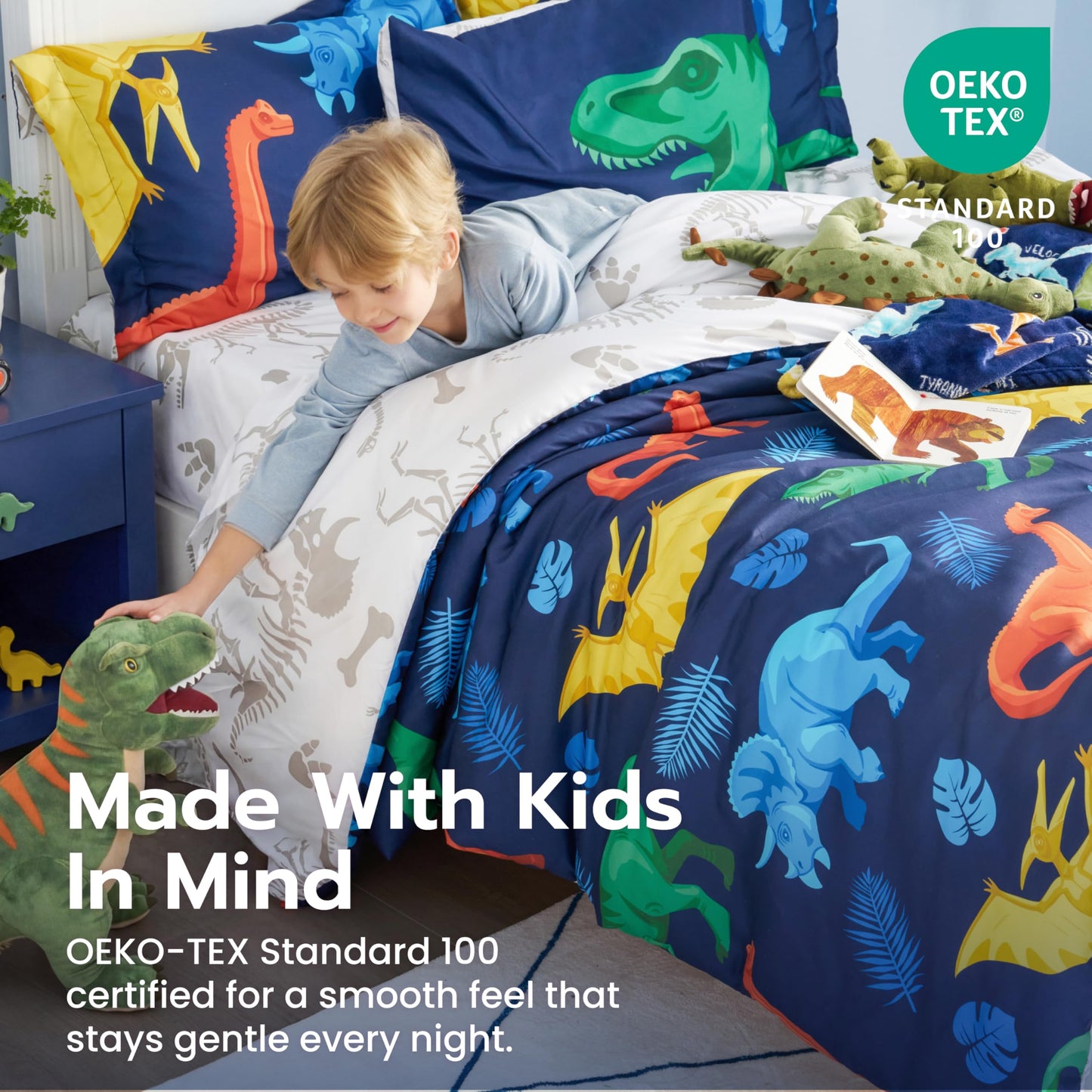 Joiedomi Kids Comforter Set Bedding Set for Boys Girls Super Soft Microfiber Bed in a Bag with Comforter Sheets Pillowcase Sham, Dark Blue Dinosaur, Full