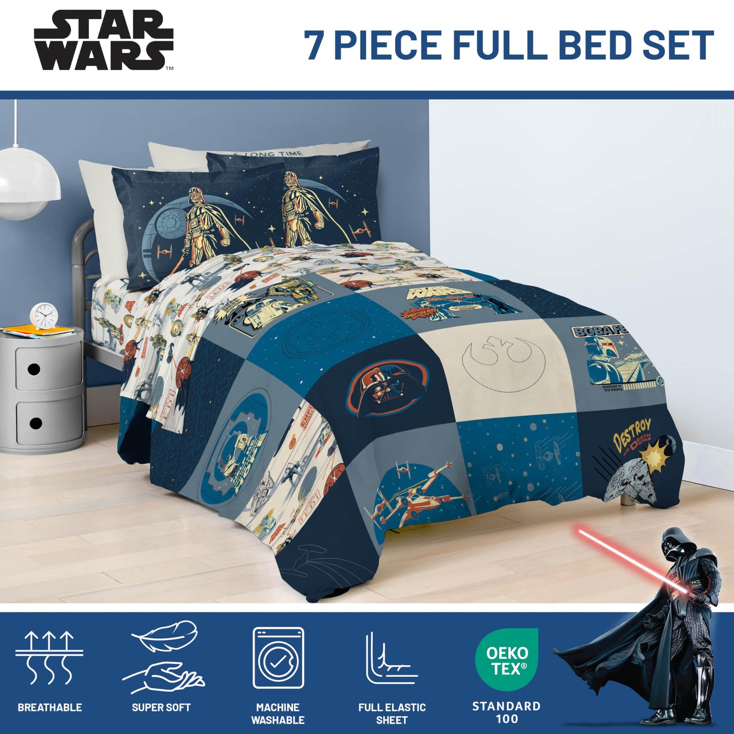 Jay Franco Kids Bed Set, Blue, Star Wars, 7 Piece Full