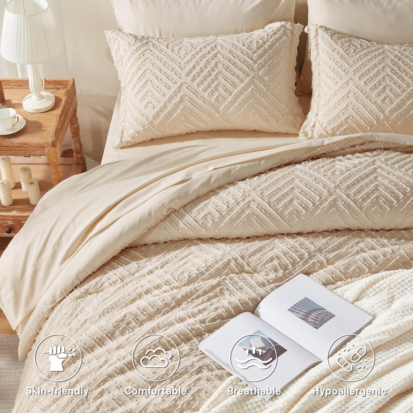 Zzlpp Queen Comforter Set 7 Pieces, Beige Bed in a Bag Queen Size, Tufted Boho Bedding Set with 1 Comforter, 2 Pillow Shams, 2 Pillowcases, 1 Flat Sheet, 1 Fitted Sheet