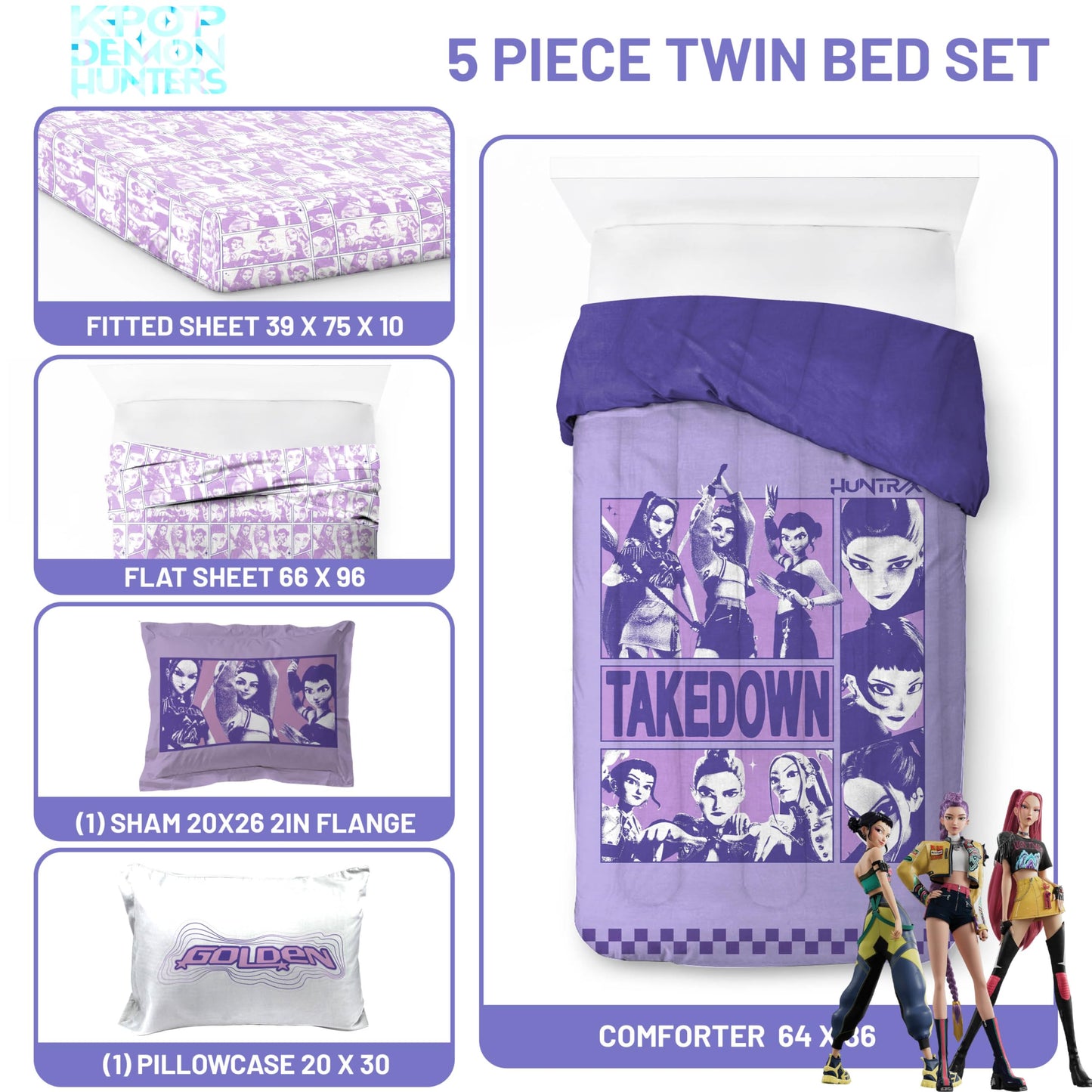 Jay Franco Kids Comforter Set Includes Sheets and Pillow Covers - Soft and Cozy Bed Set for Stylish Room Decor, Official Licensed Bedding, Purple - Kpop Demon Hunters, 5 Piece Twin