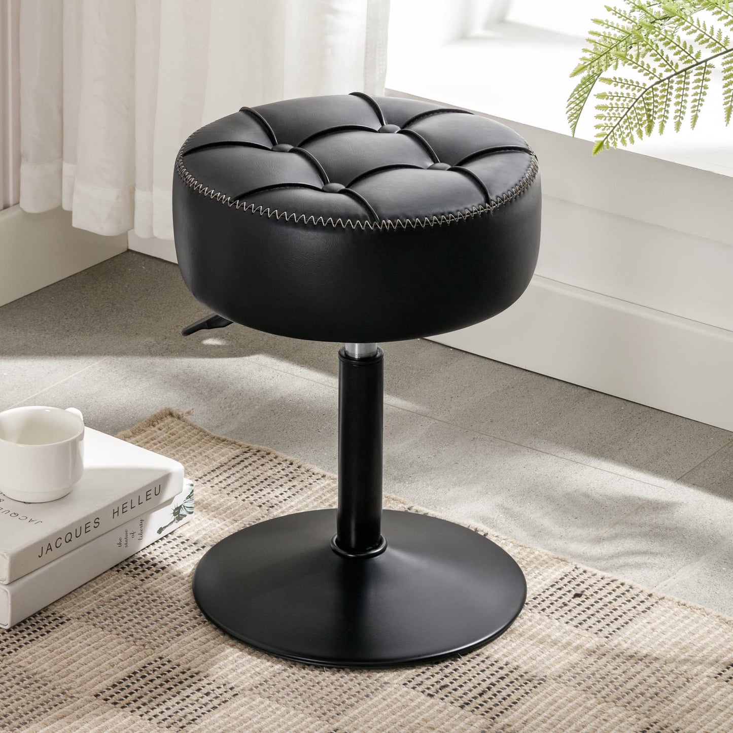 LUE BONA Adjustable Vanity Stool 15.8"-20.7", 360° Swivel Faux Leather Chair, 300lbs Capacity for Makeup Room, Bathroom, Living Room, Black