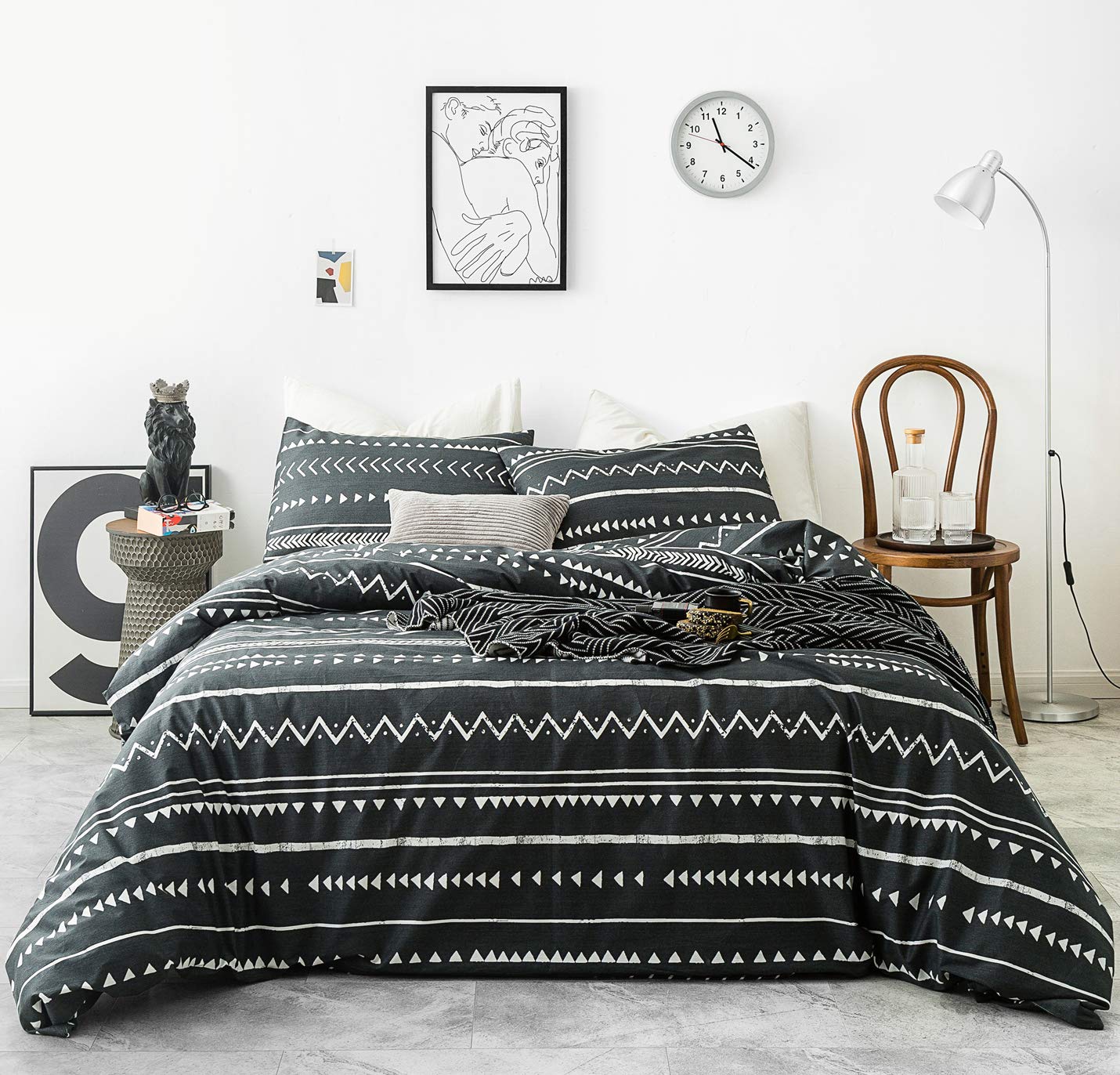 YuHeGuoJi Black Boho Duvet Cover King 100% Cotton 3 Pcs Set 1 Southwestern Geometric Aztec Duvet Cover with Zipper Ties 2 Pillowcases Black White Tribal Bohemian Striped Bedding Set Soft