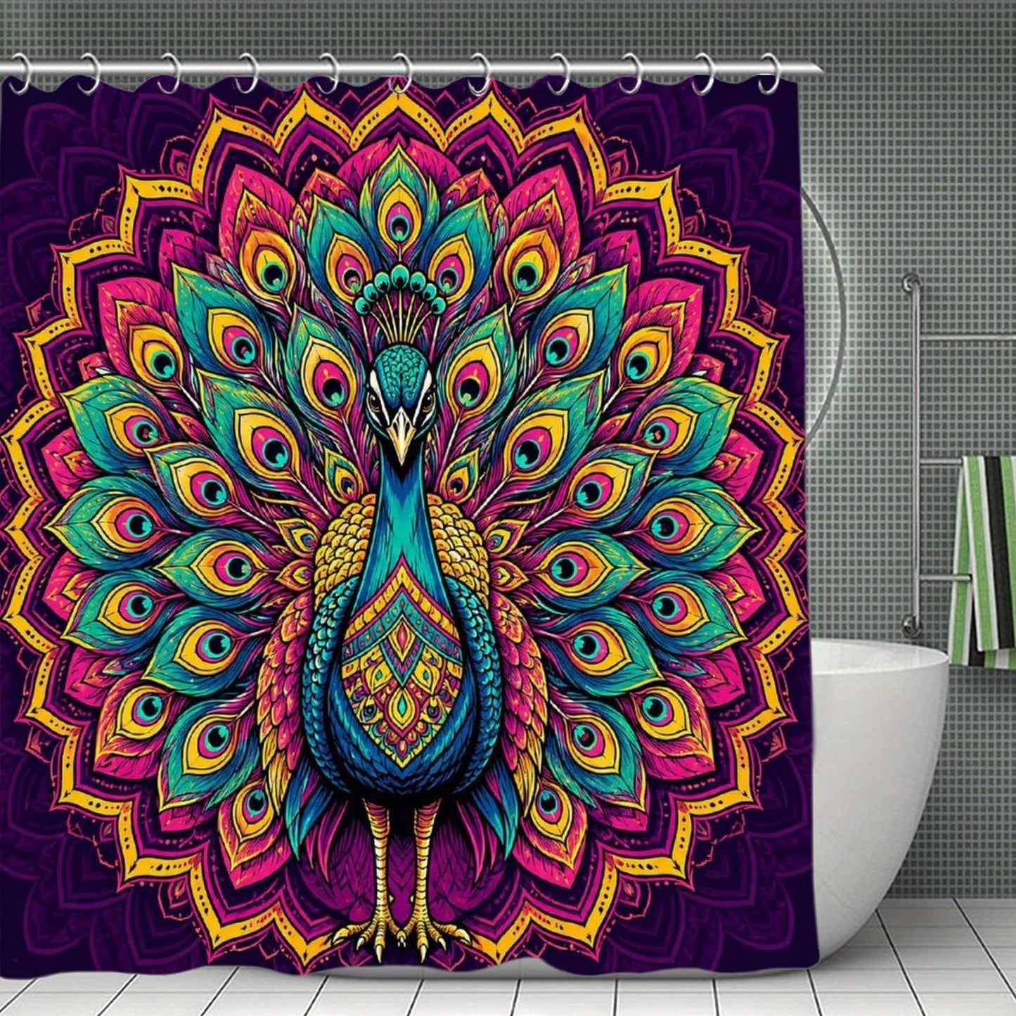 Mandala Shower Curtain Neon Mandala Peacock Bathroom Decor Waterproof Polyester Fabric with Hooks Durable Wrinkle Resistant 70.8x70.8Inch (180x180cm)