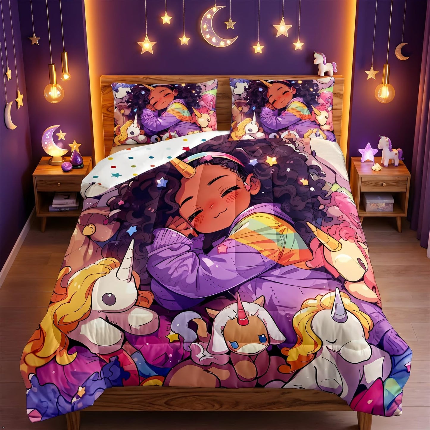 Black Girls Twin Comforter Set for Girls,Cartoon Unicorn Quilt American African Kids Bedding Set,Afro Hair Girl Princess Melanin Down Comforter Magical Animal Dreamy Horse Kawaii Room Decor