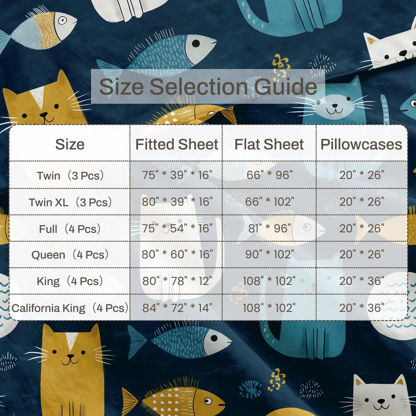 Cat and Fish Twin Bedding Set Kids Kitten Sheet Sets, Blue