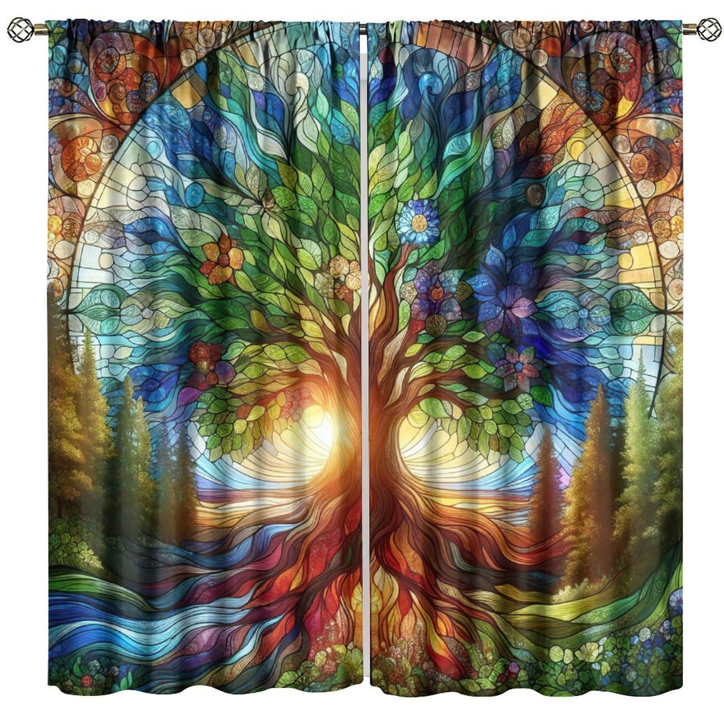 AuiMzoo Stained Glass Botanical Curtains, Tree of Life Glass Botanical Theme Printed Pattern, Decor Curtains for Bedroom Living Room42X45 Inch