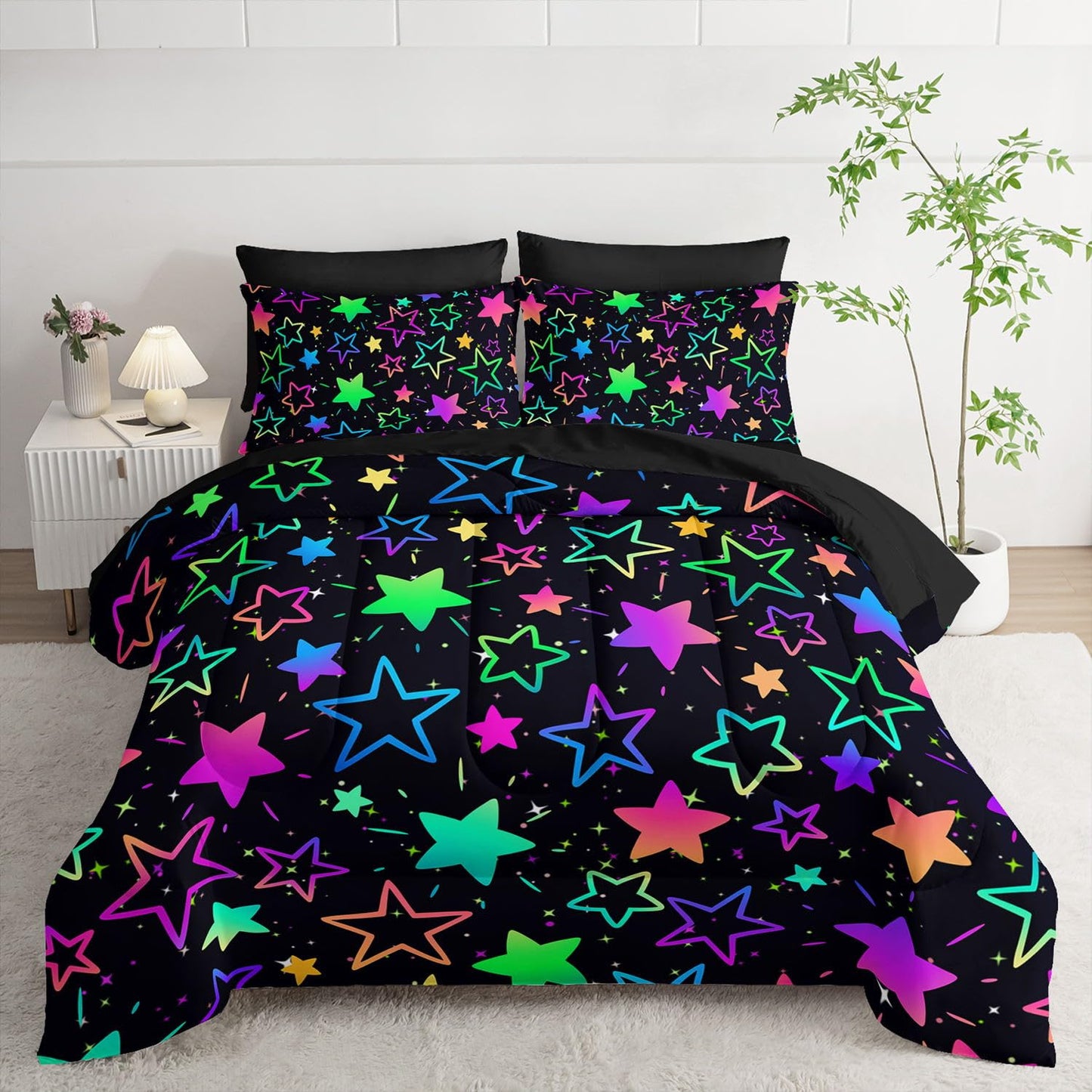 Smell Sunshine 7Pcs Comforter Set Colorful Stars Printed Bedding Set with 1 Comforter, 1 Flat Sheet, 1 Fitted Sheet and 4 Pillowcases for Boys and Girls Bedroom (Stars Twin