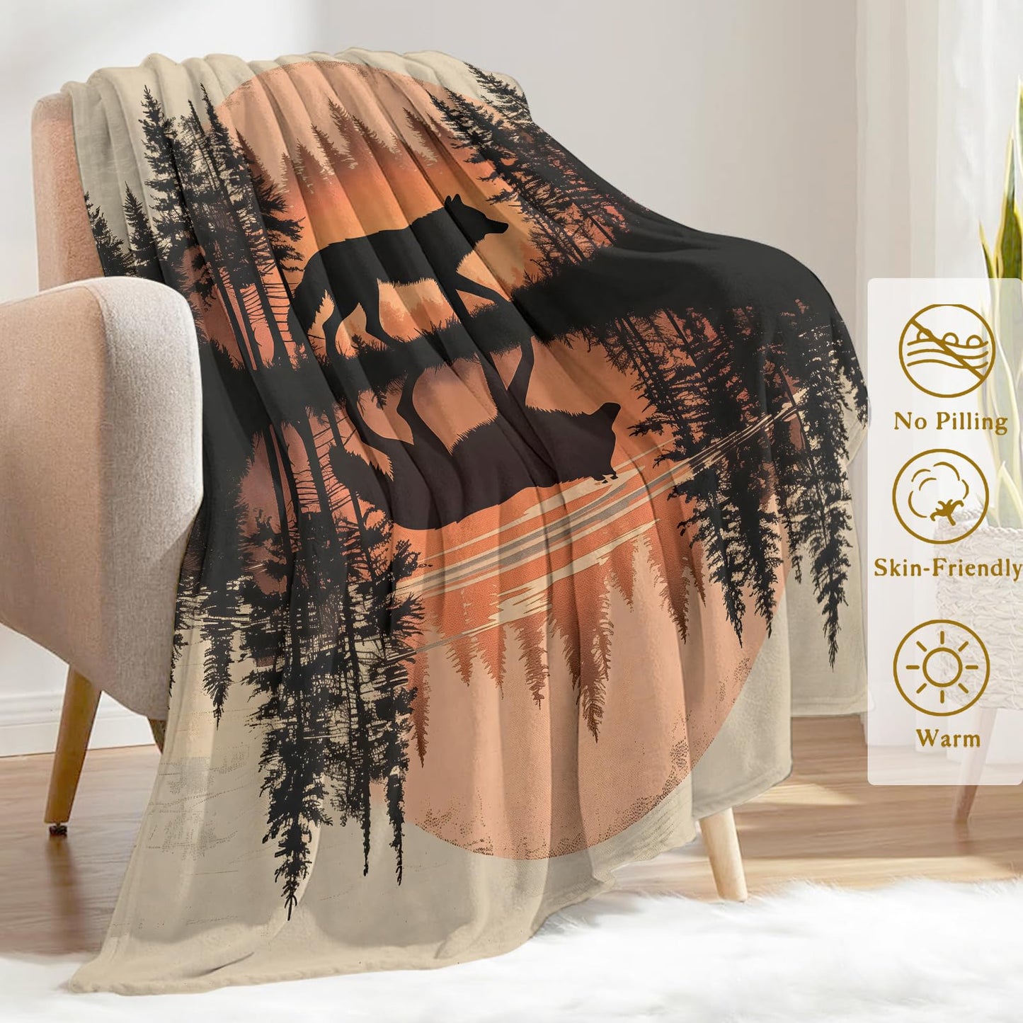 ainori Retro Wolf Forest Sunset Fleece Blanket,Animal Silhouette Pine Rree Lake Blankets,Rustic Nature Decorative Throws for Sofa,Bedroom,Lightweight Throw Gifts for Wildlife Lovers Men Boys 50”x60”