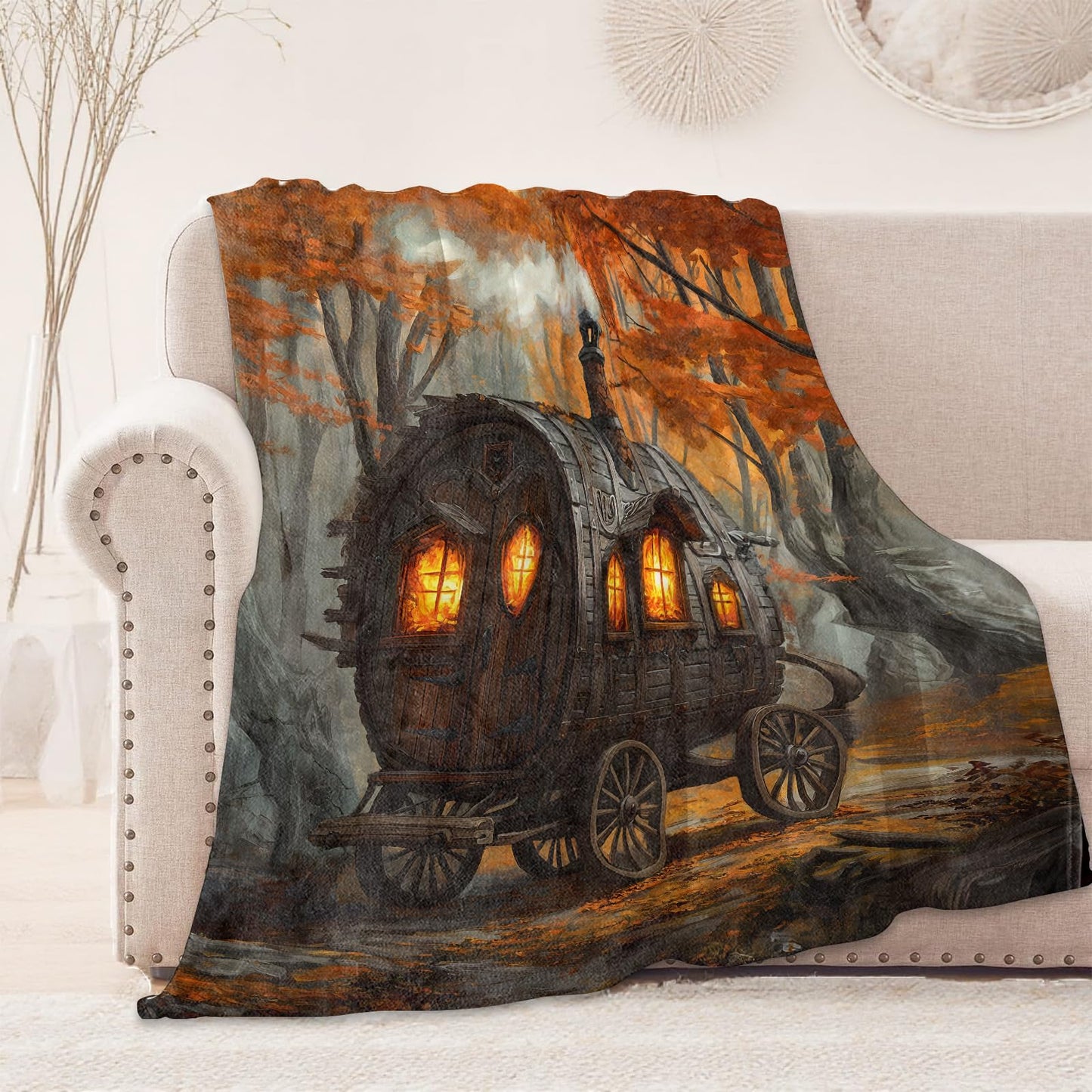 onlcuk Wagon Cabin Blanket, Cozy Flannel Caravan in Fall Forest Throw Blanket, Soft Fuzzy Blankets for Travel Home Decor, All Season Lightweight Couch Bed Cover, Gifts for Women Adults Kids 50"×60"