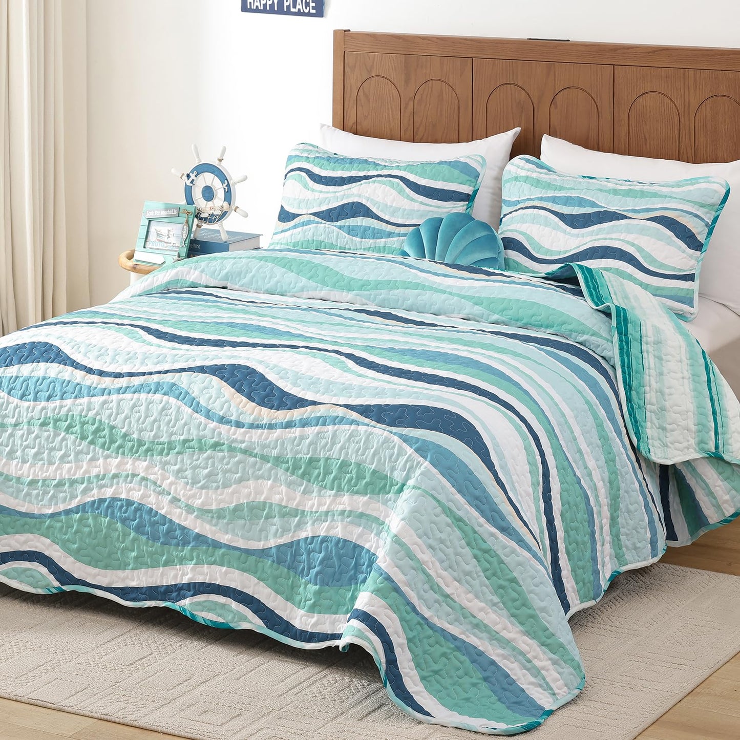 DJY Green Seawaves Ocean Quilt Set King Coastal Beach Theme Quilt Coverlet Soft Microfiber Reversible Bedspread with 2 Pillow Shams 3 Pieces Nautical Stripe Bedding Quilt for All Season 104"x90"