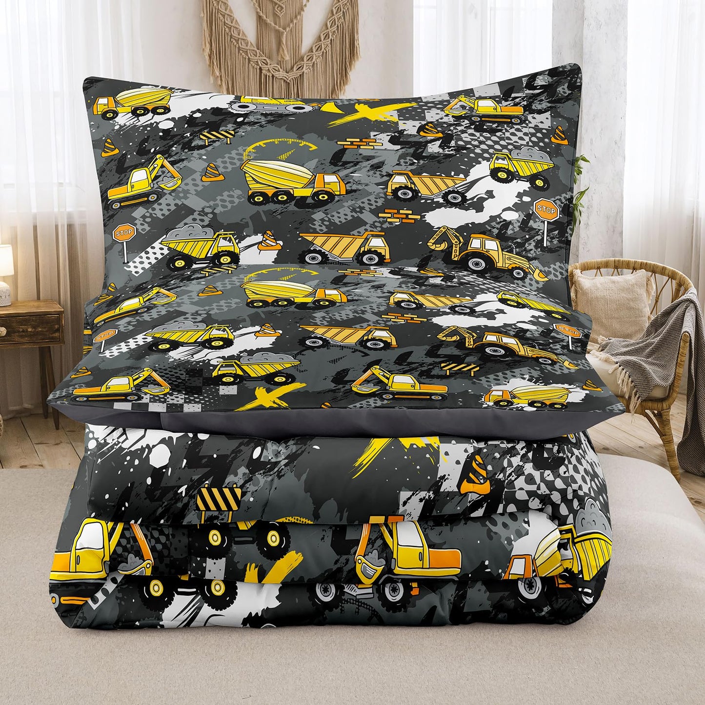 Peopleareok Construction Truck Kids Comforter Set for Boys Twin (68x86 Inch), 2 Pieces Construction Excavator Truck Bedding Sets for Toddler Children, Super Soft Microfiber Comforter with 1 Pillowcase