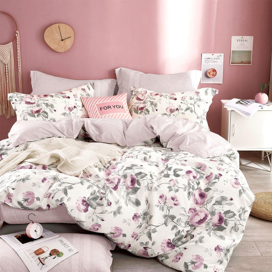 ALEISSEL Vintage Cotton 3pcs Floral Comforter Sets King Size - Dusty Purple Rose & Soft Gray Foliage on White, Blush French Striped Patchwork Reverse, Neutural Lightweight Bedding Sets(King 104"×90")