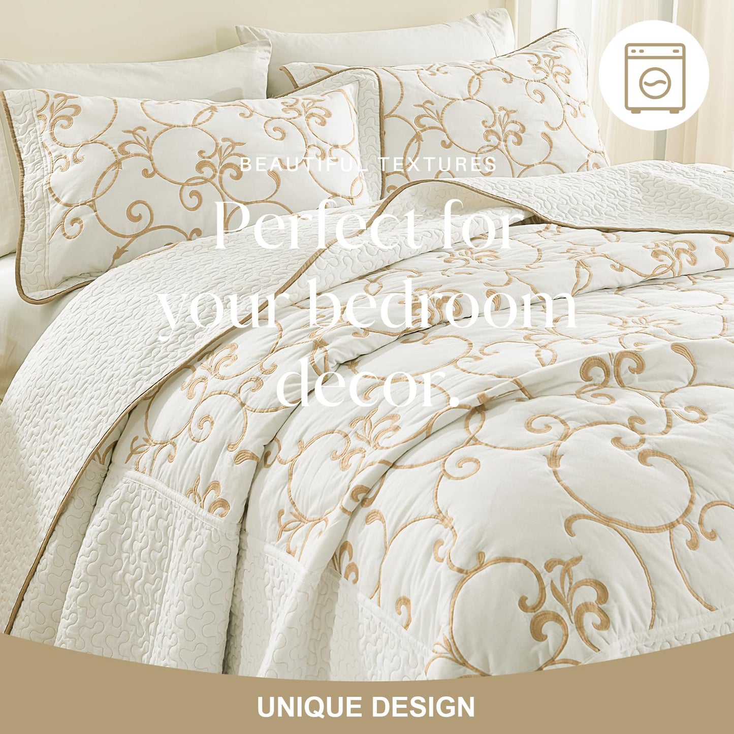 FineStichery 100% Cotton Oversized Bedspread Quilt Coverlet Set, 120"x120" Extra Large King Bedspreads with Pillow Shams, Lightweight Embroidered Bedding Cover 3 Piece, Beige/White