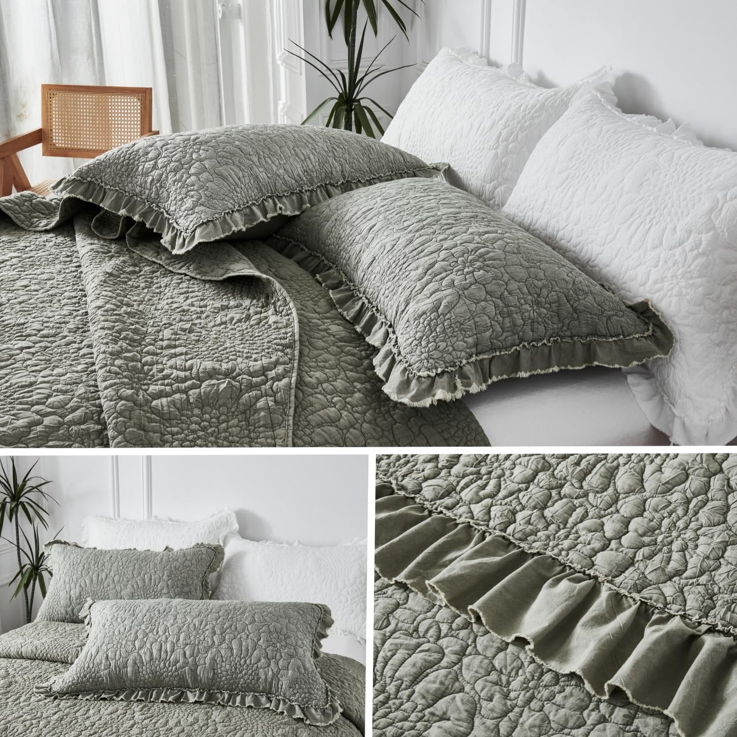 WINLIFE Khaki Ruffled Quilt Set 3pcs Queen 90''x98'' - Stone Washed Microfiber Crinkled Bedspread for All Season Farmhouse Style Lightweight Shabby Chic Coverlet Set with Pillow Shams