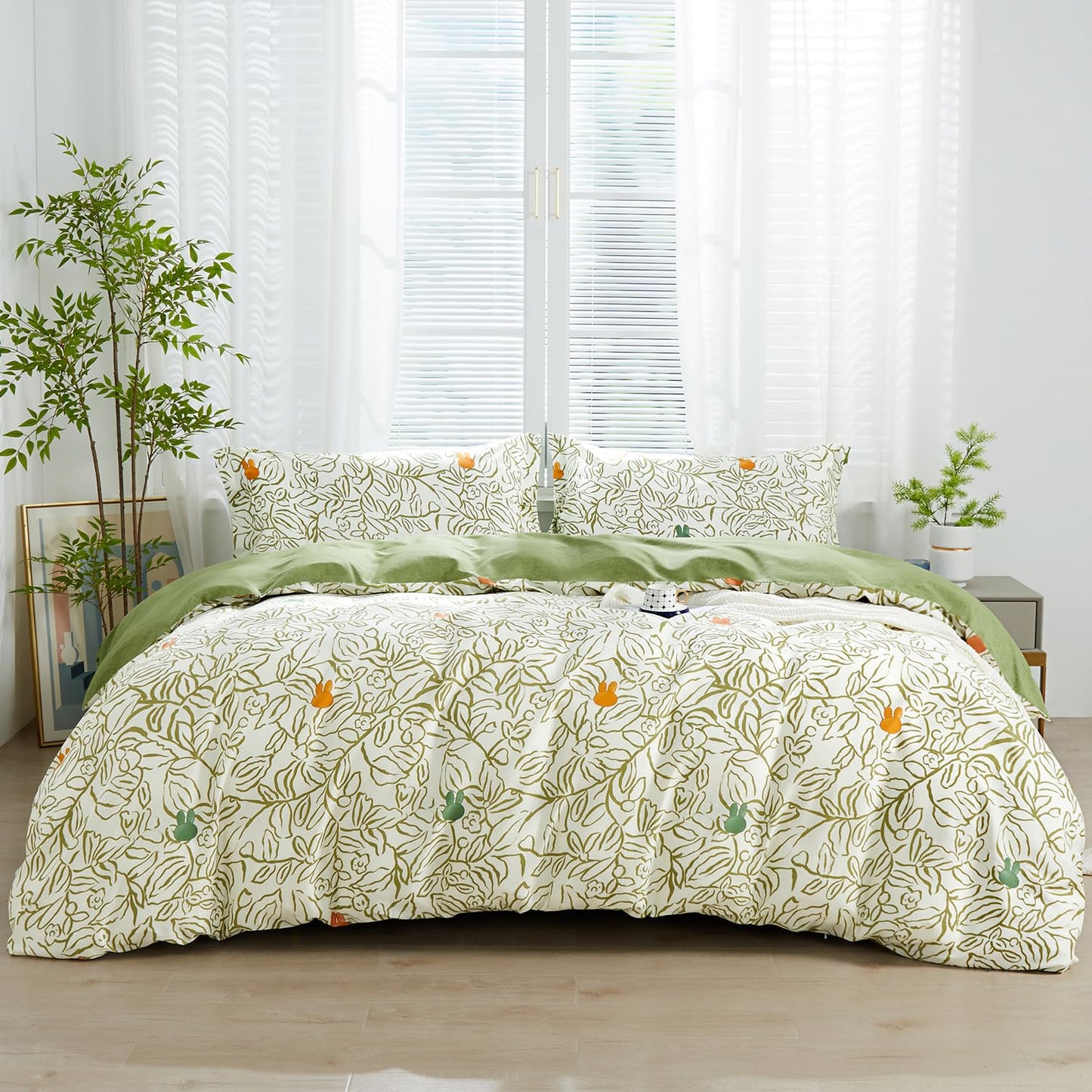 SAPHREAS Green Vine Duvet Cover Full Size Set 3pcs Abstract Botanical Plant Leaves Bedding Comforter Cover Set Garden Style 1 Duvet Cover 2 Pillow Shams, Comforter Not Included
