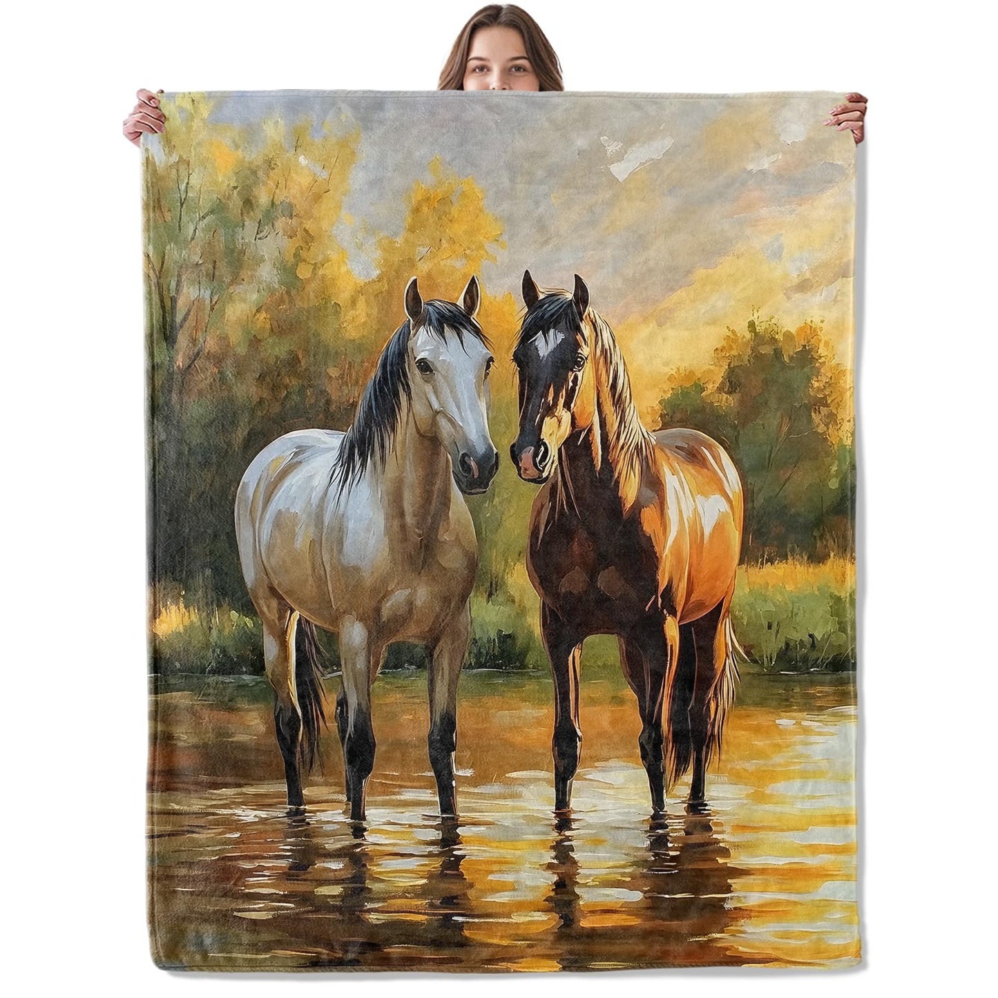 Lugiu Horse Blanket, Lightweight Comfy Sunset River and Tree Botanical Throw for Couch Sofa Bedroom, Soft Cozy Travel Flannel Rustic Peaceful Blankets Gifts for Women Girls Kids, Home Decor 60×50in