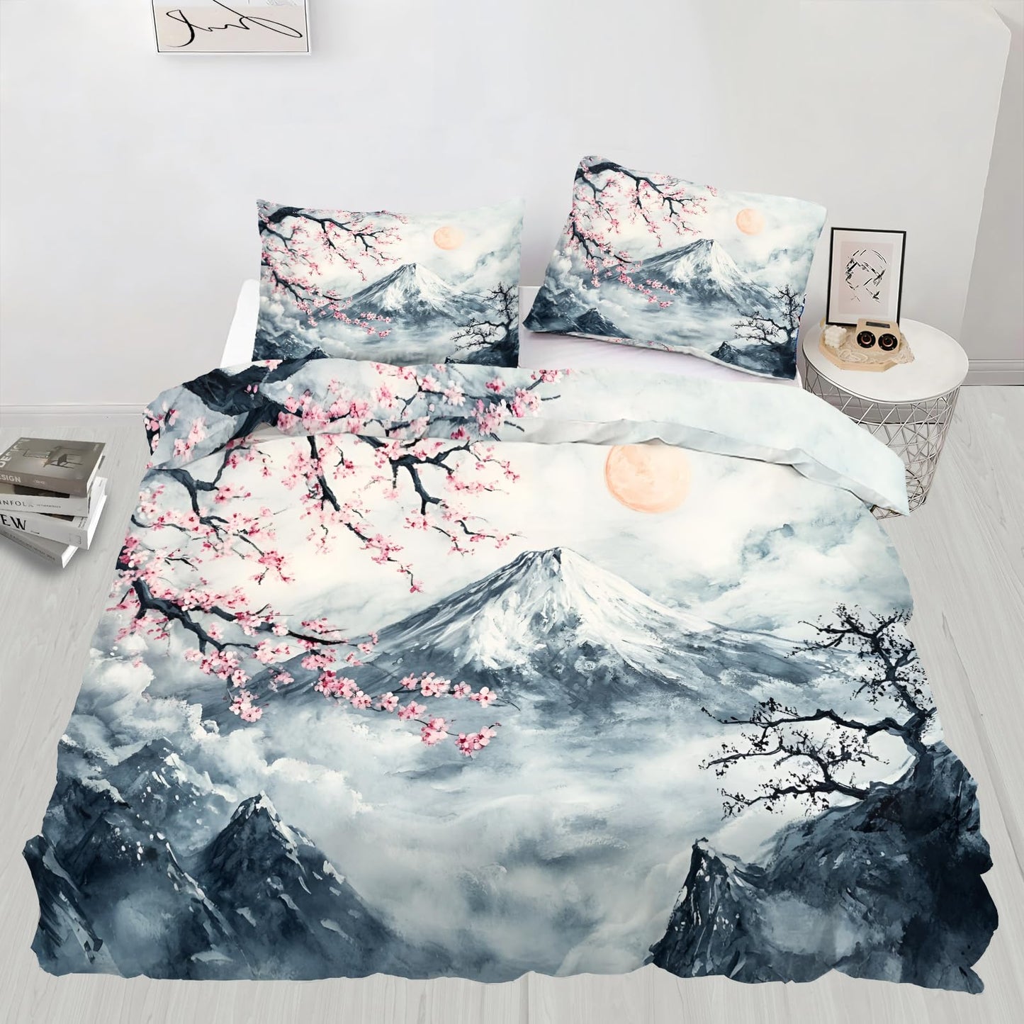 PAISUOQ Japanese Duvet Cover King Size, Traditional Painting Bedding Set, 3 Piece, Soft Microfiber Patterned Comforter Cover with Zipper Ties & 2 Pillowcase, Mountains Bedroom Decor & Gifts