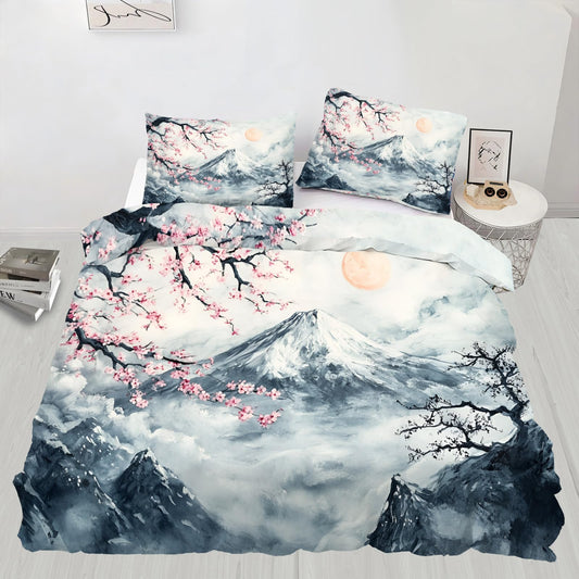 PAISUOQ Japanese Duvet Cover King Size, Traditional Painting Bedding Set, 3 Piece, Soft Microfiber Patterned Comforter Cover with Zipper Ties & 2 Pillowcase, Mountains Bedroom Decor & Gifts