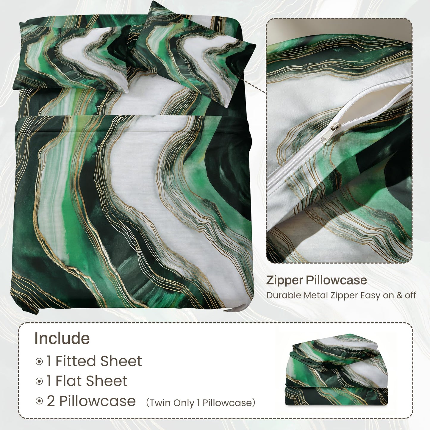 Marble Full Sheet Set 4 Pcs Modern Green Bed Sheets, Dark Green